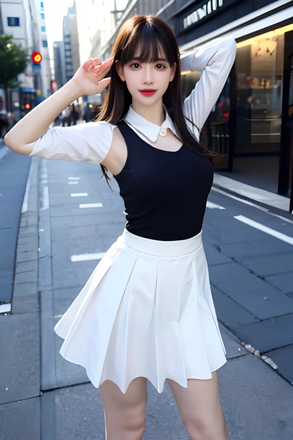 Shiny tight skirt、raise arms、Show armpits、Turn up your skirt、Long body、A slender、Inside the city、adult woman、adult lady、skin-tight、from the rear