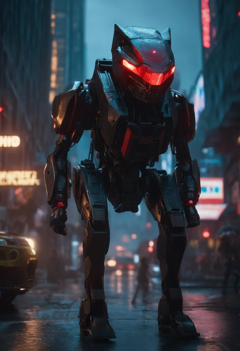 (best quality,4k,8k,highres,masterpiece:1.2), ultra-detailed, realistic:1.37, HDR, vivid colors, bokeh, cyberpunk, futurism, robot dog, assassin, mechanical enhancements, glowing red eyes, sleek metallic body, sharp teeth, menacing expression, dystopian cityscape background, neon lights, rain-soaked streets, gritty atmosphere