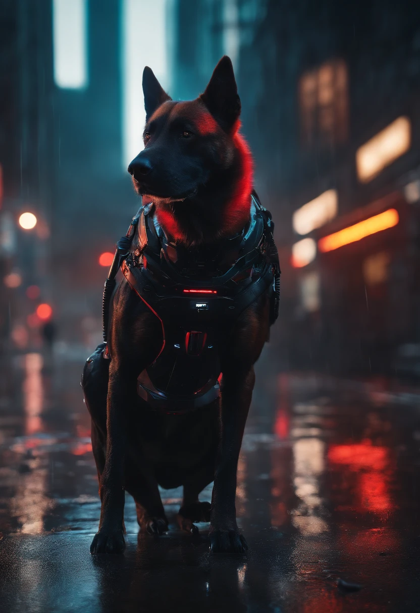 (best quality,4k,8k,highres,masterpiece:1.2), ultra-detailed, realistic:1.37, HDR, vivid colors, bokeh, cyberpunk, futurism, robot dog, assassin, mechanical enhancements, glowing red eyes, sleek metallic body, sharp teeth, menacing expression, dystopian cityscape background, neon lights, rain-soaked streets, gritty atmosphere