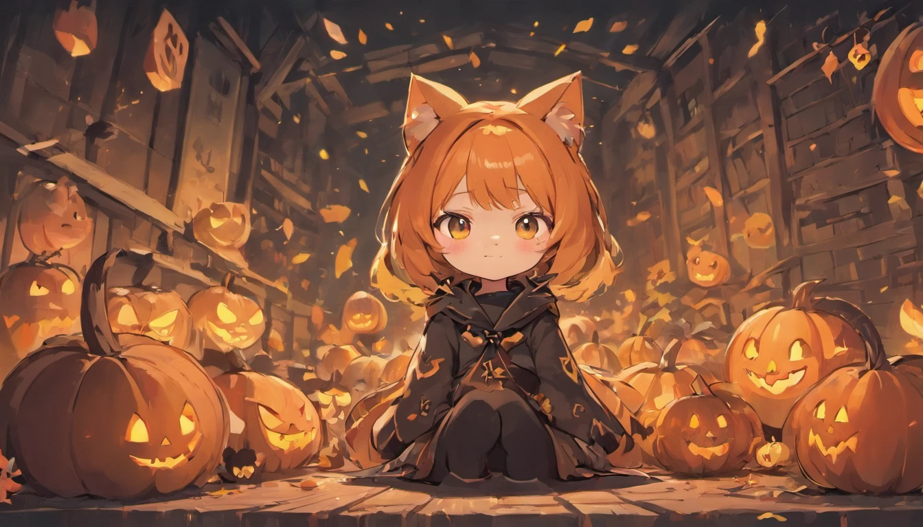cute stickers, 8K Ultra HD, highly detailed, Detailed illustration of a cute black cat enjoying Halloween, with lots of pumpkins in the background, style cartoon, two-dimensional, planar vector, character design, vector art, fantasy art, T-shirt design, Background with light brown gradient, Chibi Chara, Super Deformed Character, full body, Cute Design, Two-Dimensional, Character Design, Adorable Characters, Mascot Characters, Adobe Illustrator, soft tetrad color, A digital illustration of anime style, soft anime tones, luminism, Feeling like Kyoto Animation, pixiv, luminism, 3d render, octane render, Isometric, by yukisakura, awesome full color,