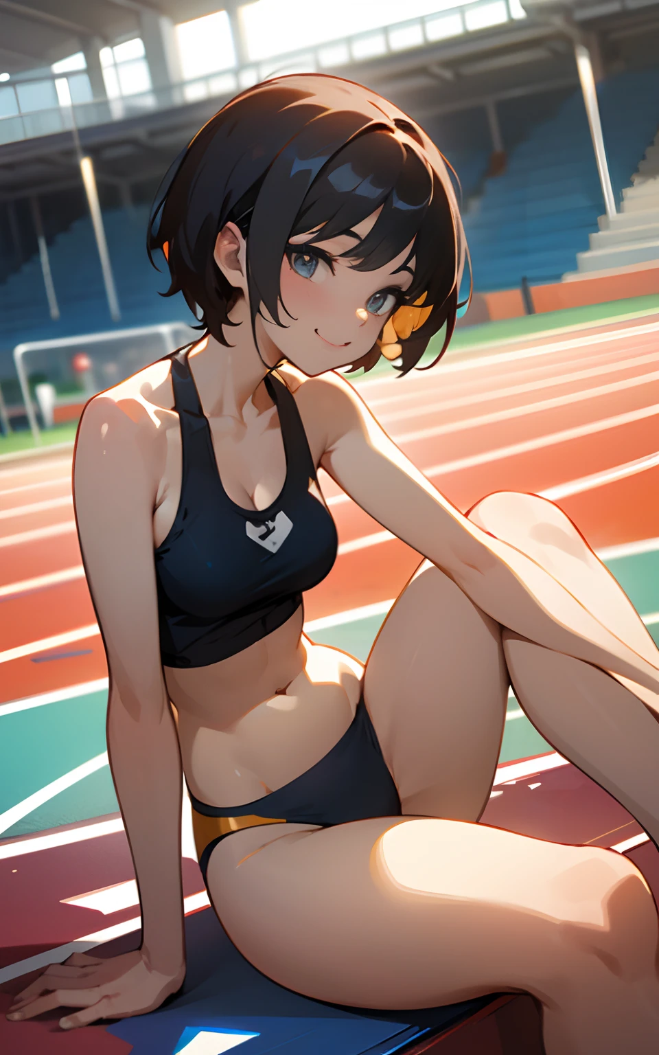 (Original Character、Unity 16K Wallpaper, Masterpiece, Best Quality, Ultra-Detailed, Extremely Detailed CG, Cinematic Lighting, Detailed, Beautiful Detailed Eyes, solo), Ultra High Resolution, fine skin, track and field, shiny skin, smile, from front:1.2、(sexy women)、Arena、full body shot、lean back, hands behind the back, tank top, bikini bottom, show belly, show cleavage, legs open, open legs, camel toe, legs apart, show neck, sunny day、cowboy shot, short hair、sit on the ground, view from low angle, slim waist, wider hips