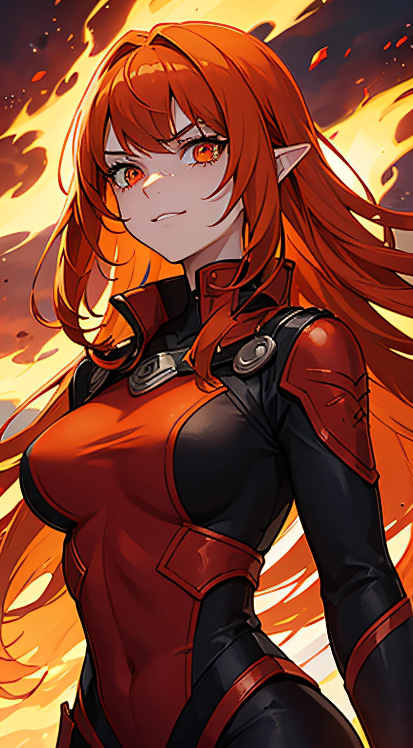 beautiful, 21, linework, thick outlines, strong shadows, 1 girl, adult (elven:0.7) woman, freckles, orange eyes, dark orange blowout hair, strait hair, solo, upper body, detailed background, blood red eyes, orange scarlet hair, detailed face, smirk, dynamic pose, red color scheme, black clothes, looking up, fire swirling in the air, blood spatters, blood in background, red flames, cinematic atmosphere