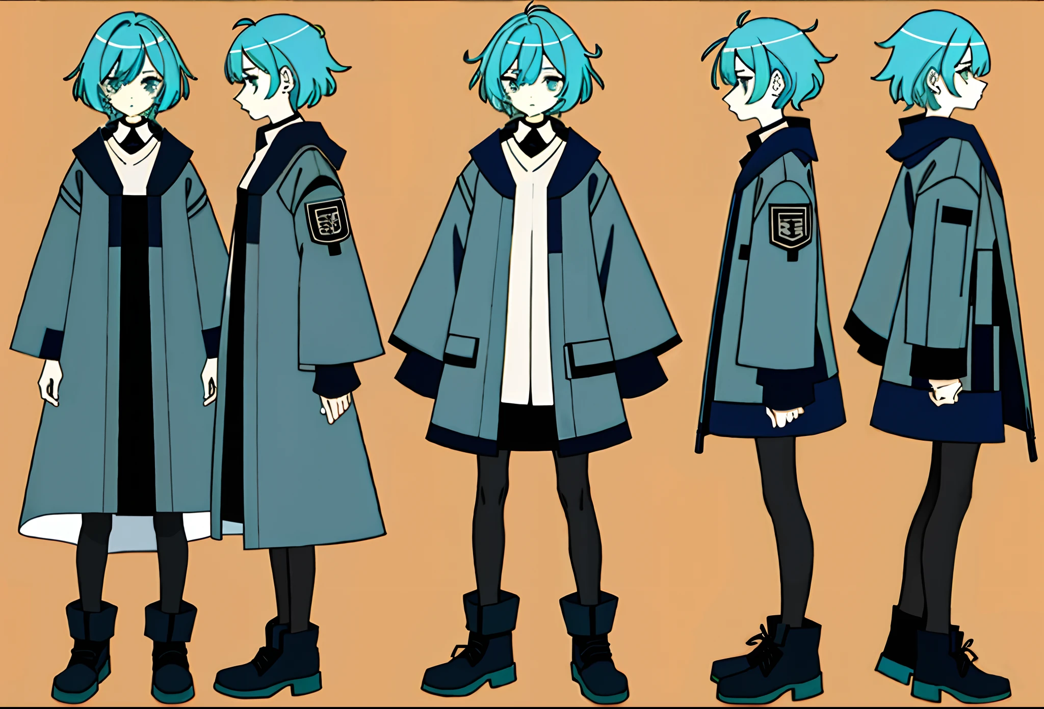 full body, reference sheet, 1 woman, short messy hair, light blue hair, flat colours, edge lines, neutral expression, multiple expressions, long baggy jacket