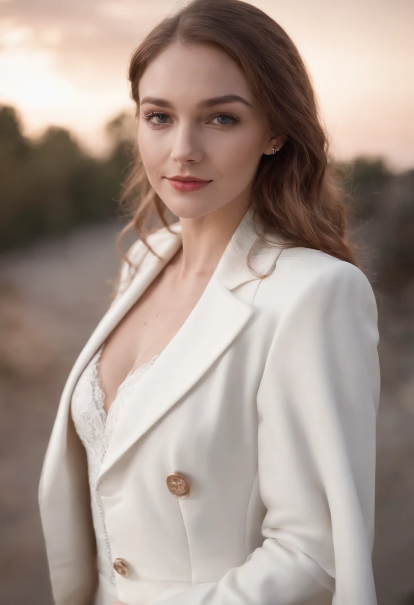 Gwendolyn Stacy enters the spider world, Aim for a《Step into Spider-Man》Film style, Stood up, Looking at the camera, Pitch black background, Oleed wallpapers, White suit, Smiling