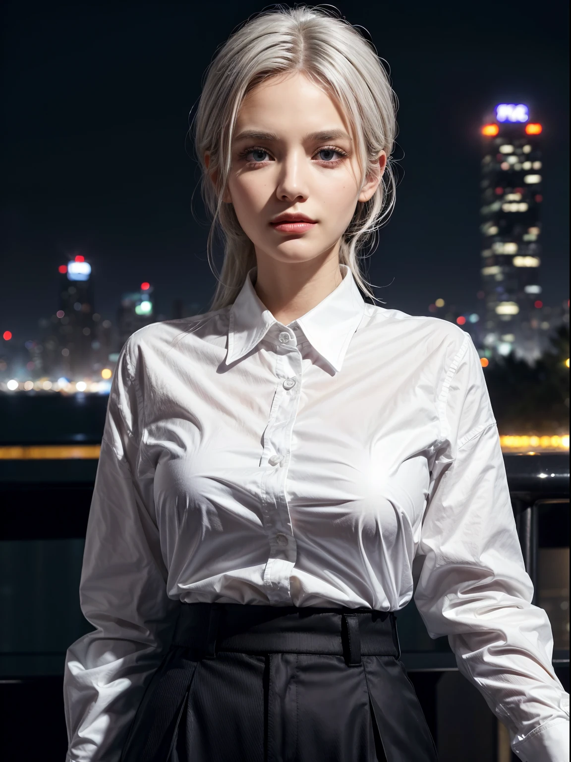 (((White collared shirt))), (((modern black trouse pants))), ((ideal body)), ((hazel eyes)), ((white hair)), ((bright skin)), (((ultra-detailed))), ((illustration)), ((beautiful detailed eyes)), beautiful, amazing, detailed eyes, expressive eyes, solo, 1girl, 1 person, (((masterpiece))), (((realistic:1))), (((best quality))), (((first person view))), ((mafia pose)), ((professional studio lightning)), ((staring to viewer)), (smirk), (((close up portrait))), ((city skyline in the night background)).