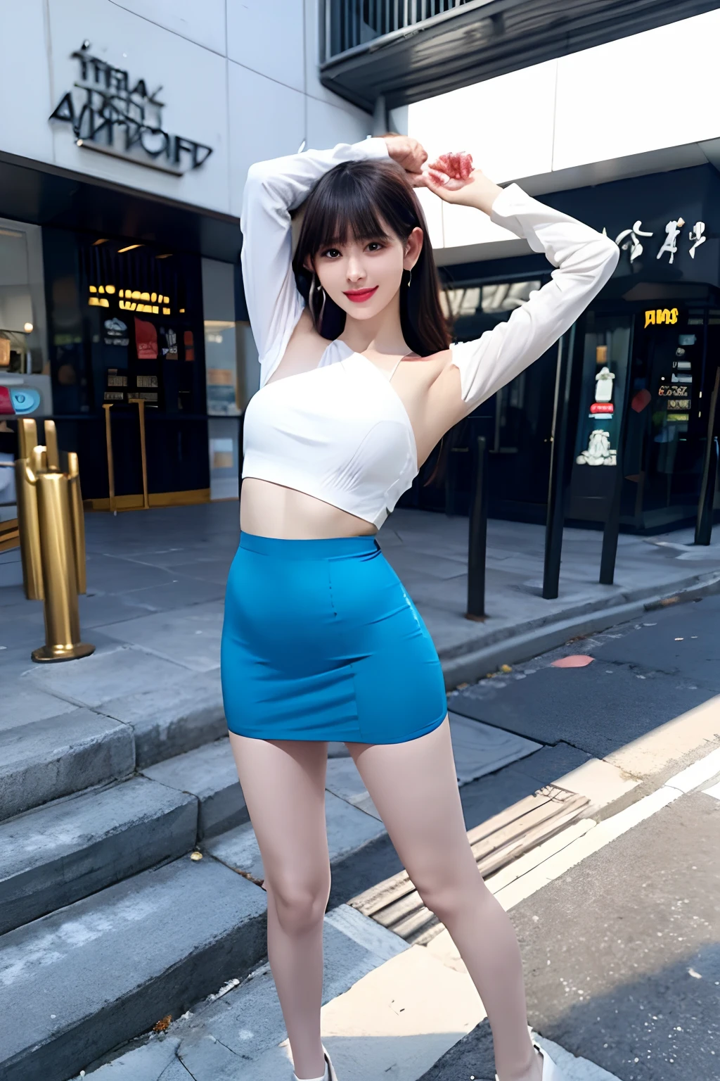 Shiny tight skirt、raise arms、Show armpits、Turn up your skirt、Long body、A slender、Inside the city、adult woman、adult lady、skin-tight