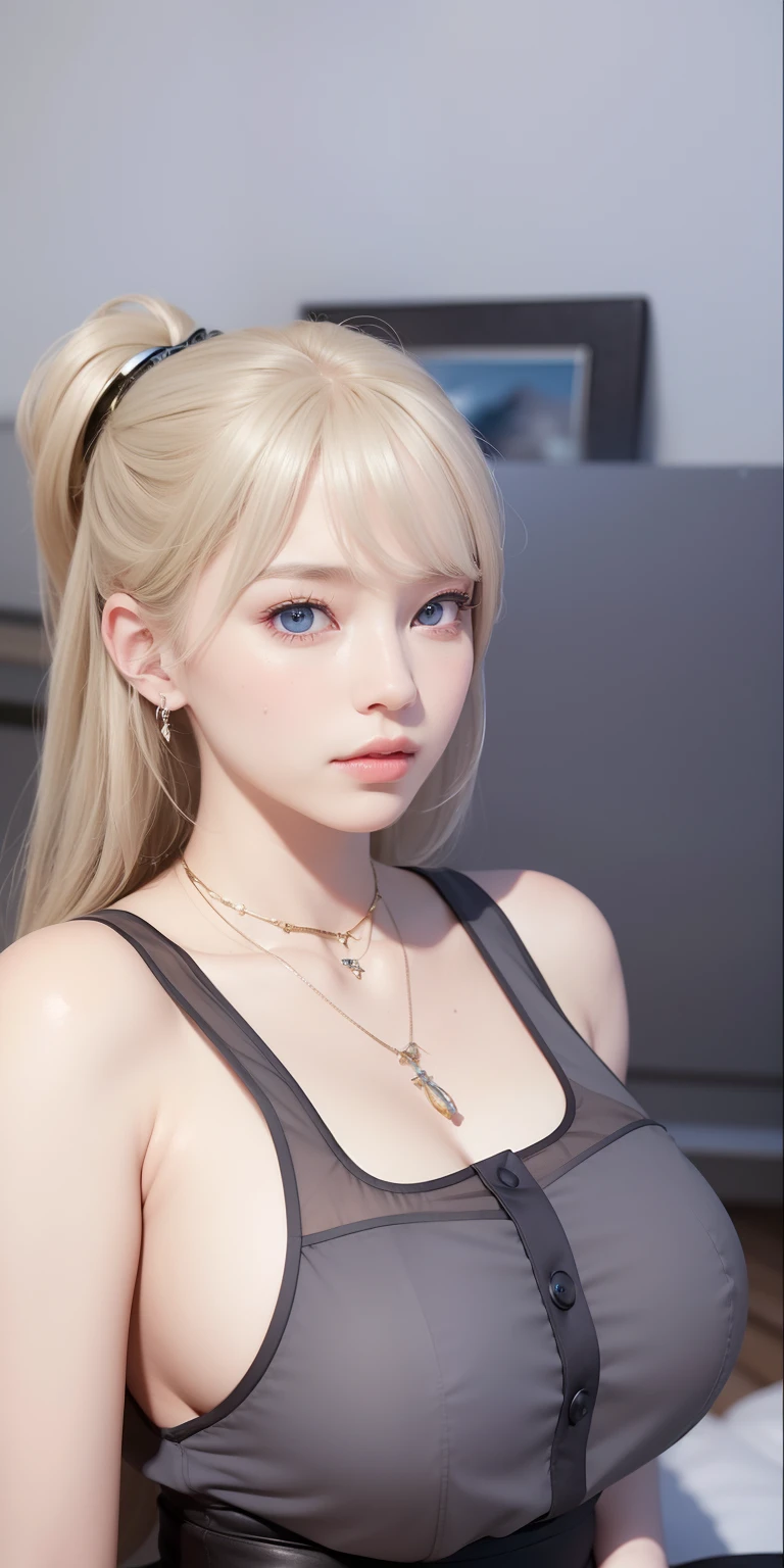 Beautiful big breasts, (bokeh), indoors, detailed luxury living room, gentle and charming beautiful goddess, Korean(kpop-idol), solo, smooth skin, necklace, (grey hair, blue eyes), oval face, double eyelids, smart, good hands, good feet, Natural, (from below angle), (glossy skin:1.05), ((low angle)), Perfect figure, (64k, UHD, RAW photo, best quality, masterpiece:1.4), (realistic, photo-realistic:1.37), ultra high res, photon mapping, radiosity, physically-based rendering, professional soft lighting