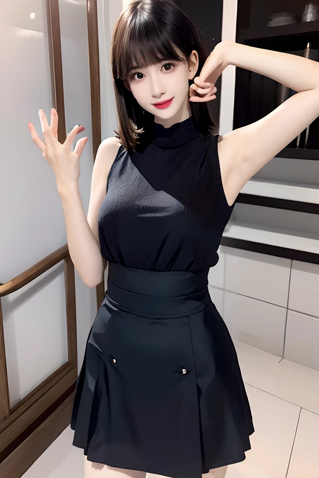 Shiny tight skirt、raise arms、Show armpits、Turn up your skirt、Long body、A slender、Inside the city、adult woman、adult lady、skin-tight