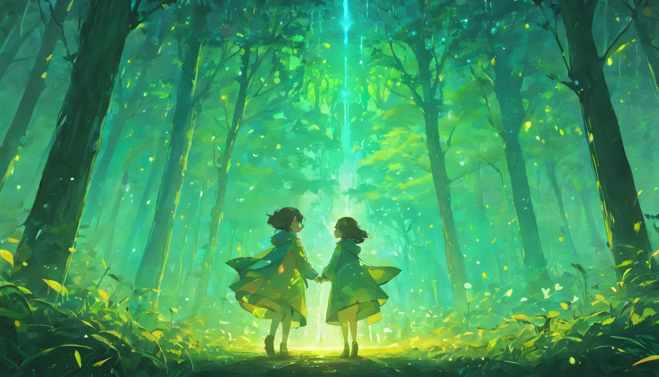 "On the edge of a fantastic forest, where ancient trees frame the entrance to an unknown world, there is a mysterious figure in a raincoat. She holds a magic lantern in her hands, emitting a soft light that reveals the secrets of the surrounding nature. Fireflies dance around her, creating magical lighting. Dreams and ideas in the form of bright bubbles float above the head of the mysterious figure. In the distance, you can see the castle towering over the trees, with windows emitting rainbow light. Create an illustration that captures this moment of magic, where reality mixes with fantasy, and every detail is the key to a new adventure."