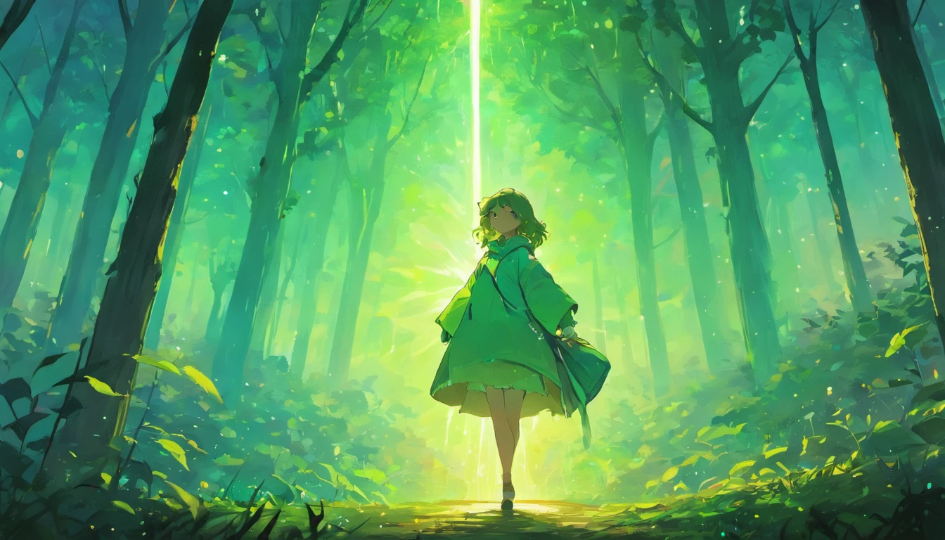 "On the edge of a fantastic forest, where ancient trees frame the entrance to an unknown world, there is a mysterious figure in a raincoat. She holds a magic lantern in her hands, emitting a soft light that reveals the secrets of the surrounding nature. Fireflies dance around her, creating magical lighting. Dreams and ideas in the form of bright bubbles float above the head of the mysterious figure. In the distance, you can see the castle towering over the trees, with windows emitting rainbow light. Create an illustration that captures this moment of magic, where reality mixes with fantasy, and every detail is the key to a new adventure."