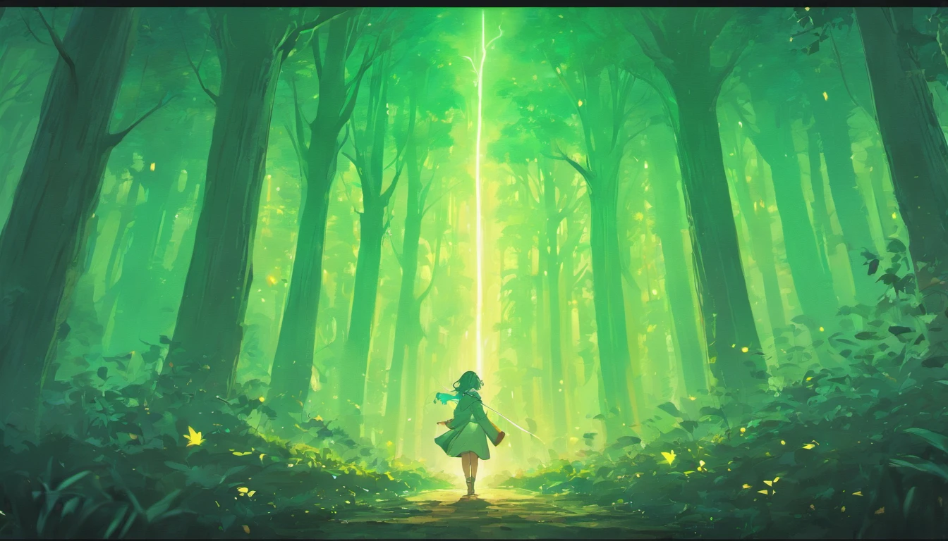 "On the edge of a fantastic forest, where ancient trees frame the entrance to an unknown world, there is a mysterious figure in a raincoat. She holds a magic lantern in her hands, emitting a soft light that reveals the secrets of the surrounding nature. Fireflies dance around her, creating magical lighting. Dreams and ideas in the form of bright bubbles float above the head of the mysterious figure. In the distance, you can see the castle towering over the trees, with windows emitting rainbow light. Create an illustration that captures this moment of magic, where reality mixes with fantasy, and every detail is the key to a new adventure."
