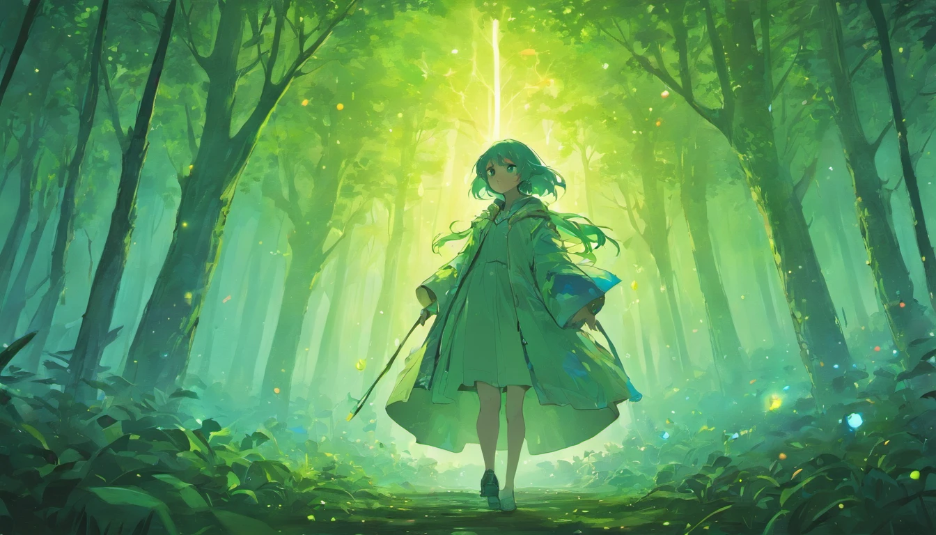 "On the edge of a fantastic forest, where ancient trees frame the entrance to an unknown world, there is a mysterious figure in a raincoat. She holds a magic lantern in her hands, emitting a soft light that reveals the secrets of the surrounding nature. Fireflies dance around her, creating magical lighting. Dreams and ideas in the form of bright bubbles float above the head of the mysterious figure. In the distance, you can see the castle towering over the trees, with windows emitting rainbow light. Create an illustration that captures this moment of magic, where reality mixes with fantasy, and every detail is the key to a new adventure."