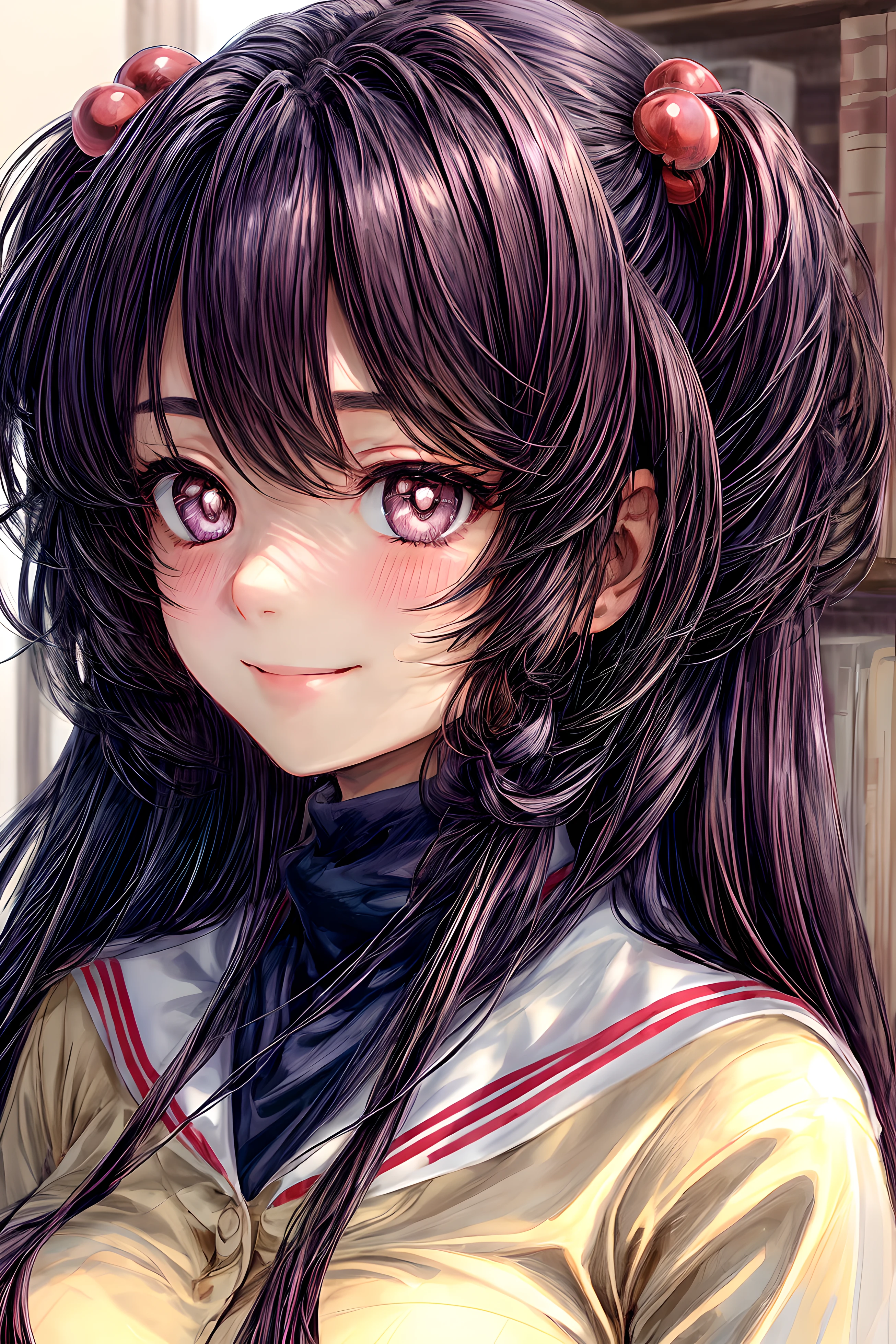 ((masterpiece)), (best quality), (perfect face), (extreme detailed face), (extreme detailed eyes) 1girl, (((Kotomi))), full face, long hair, beautiful eyes, blush, solid pupils, library, holding a book,  ((slight smile)), (official art, extreme detailed, intricated details)