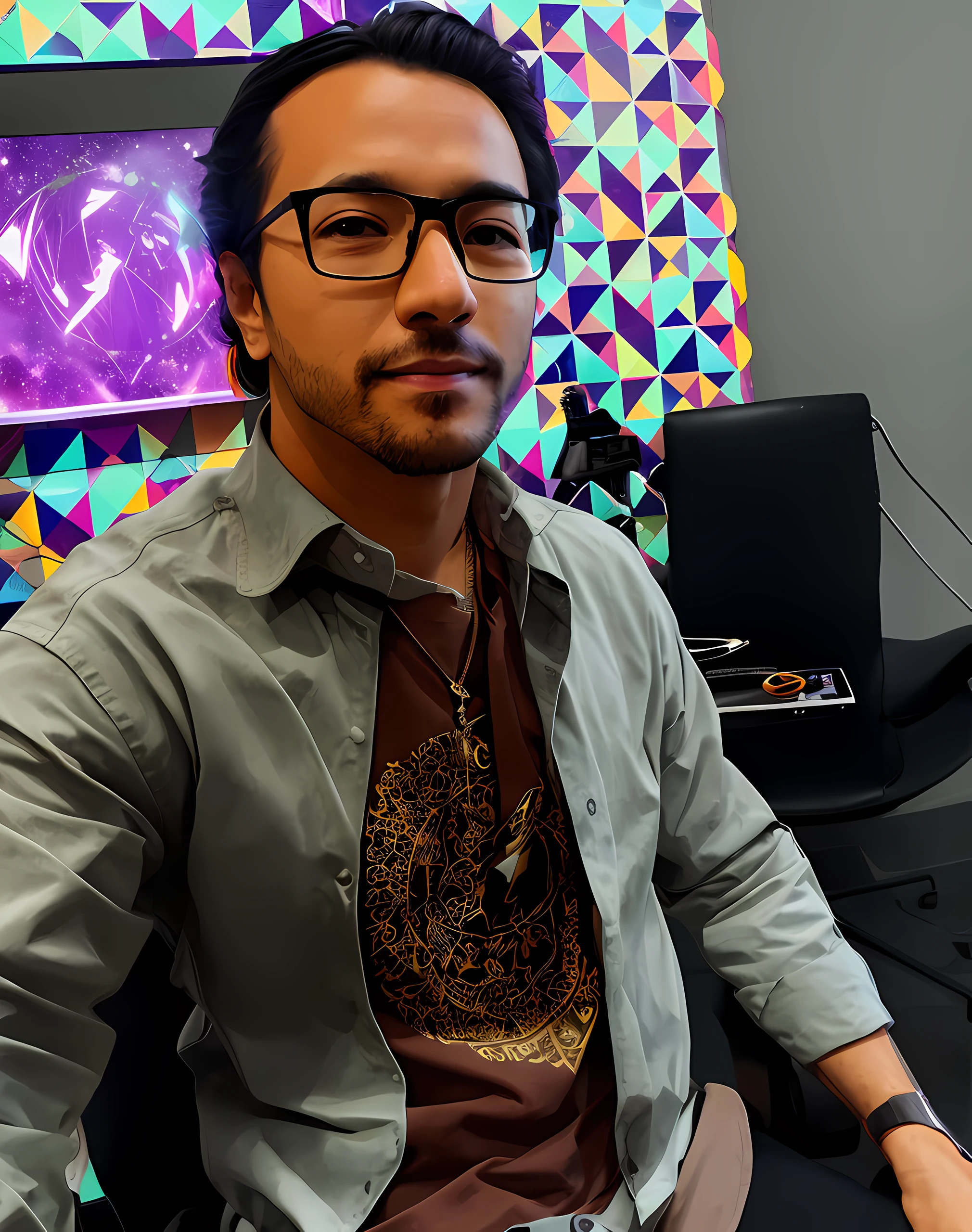 Por favor, Turn this image of a man sitting on a chair into a Japanese anime style, Highlighting Typical Resources, como olhos grandes e cores vibrantes. Make sure you capture the essence of a Twitch streamer avatar's style. Ajustar os detalhes da camisa para coincidirem com a realidade. Ajustar os olhos, leaving with anime feature and slightly younger.
