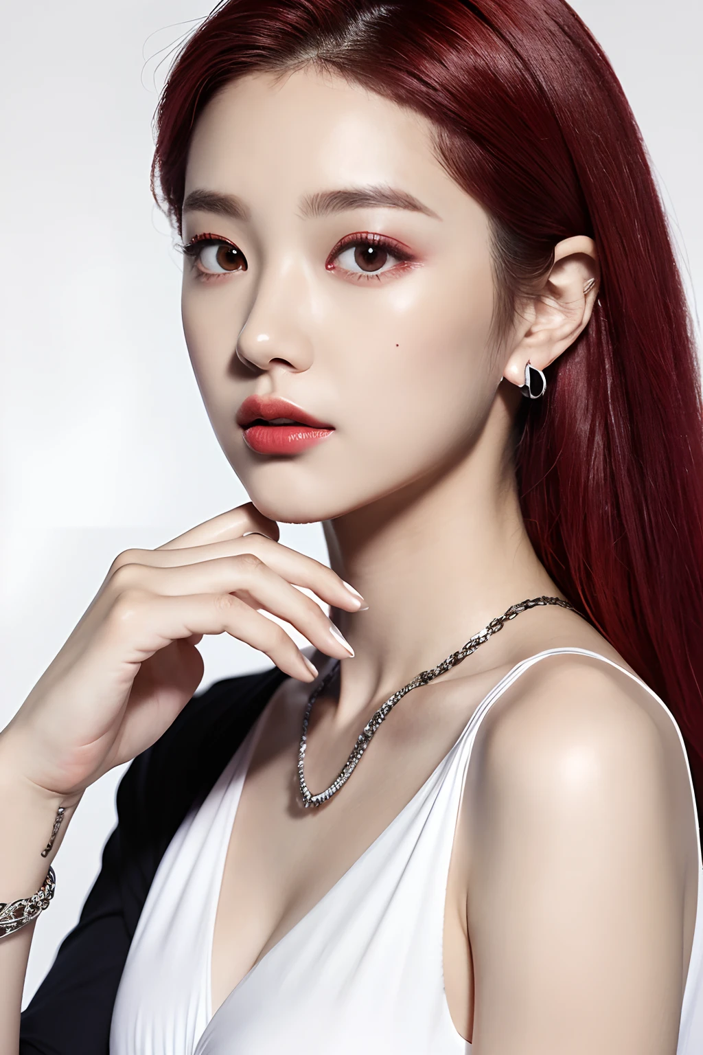 (extra detailed body、extra detailed face、best qualtiy:1.2)、femele、looking at the viewers、(Wine red gradient hair color、Flashy silver earrings that go up to the shoulders、a necklace、A bracelet、Clothes with strong contrast of blue, white and black、Asymmetrical clothing、Fussion Show Fantastico Clothes)、