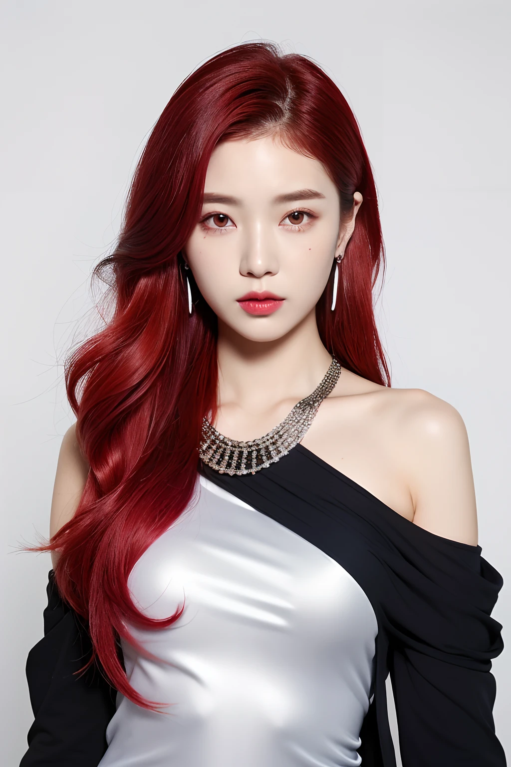 A woman with red hair and a black top posing for a picture - SeaArt AI