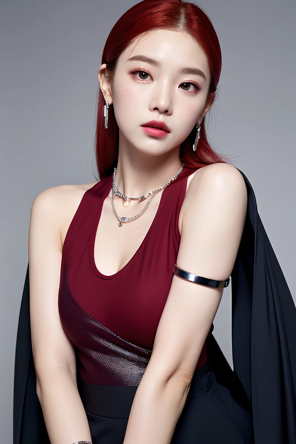 (extra detailed body、extra detailed face、best qualtiy:1.2)、femele、looking at the viewers、(Wine red gradient hair color、Flashy silver earrings that go up to the shoulders、a necklace、A bracelet、Clothes with strong contrast of blue, white and black、Asymmetrical clothing、Fussion Show Fantastico Clothes)、