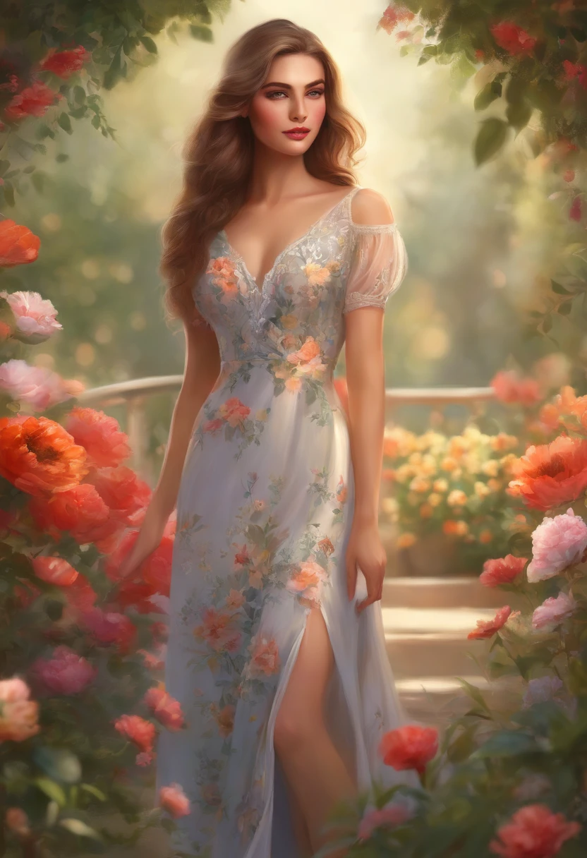 (a beautiful girl,artistic,illustration,realistic colors,soft lighting),(best quality,sharp focus,ultra-detailed),(detailed eyes,luscious lips,delicate features,long eyelashes),(drawing,colorful garden,peaceful atmosphere,floral elements),(girl wearing a flowing dress,standing amidst the vibrant flowers,relaxed posture),(soft brush strokes,carefully crafted details,texture of the illustration)