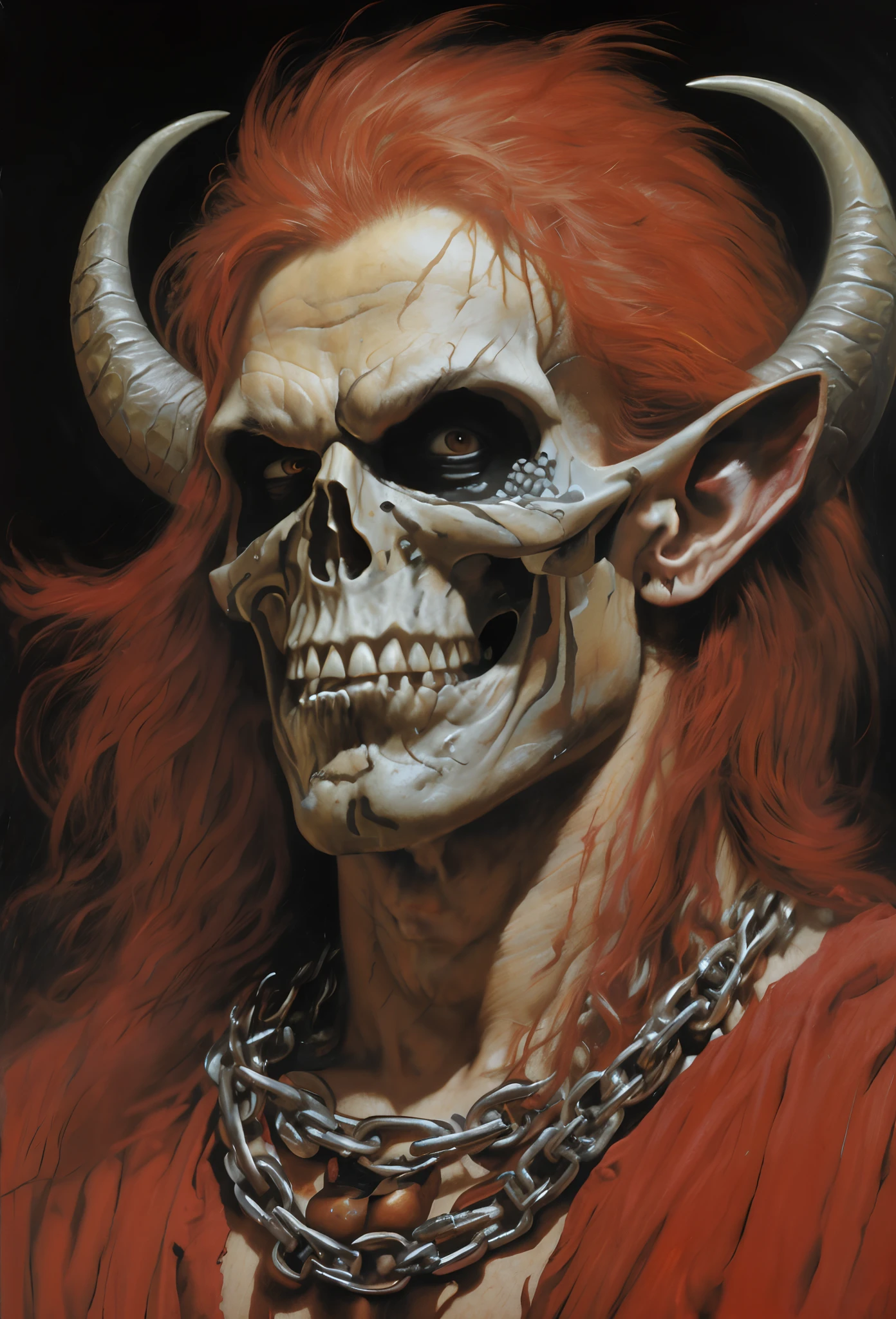 Painting of a skull with horns and a chain around its neck, inspirado por Alex Horley, Boris Villejo, Directed by: Jason Edmiston, inspirado em Jason Edmiston, inspirado em Jeff Easley, pintura do retrato do esqueleto, inspirado por Earl Norem, inspirado em Alex Horley-Orlandelli, Mark Brooks detalhou, Portrait of a demon