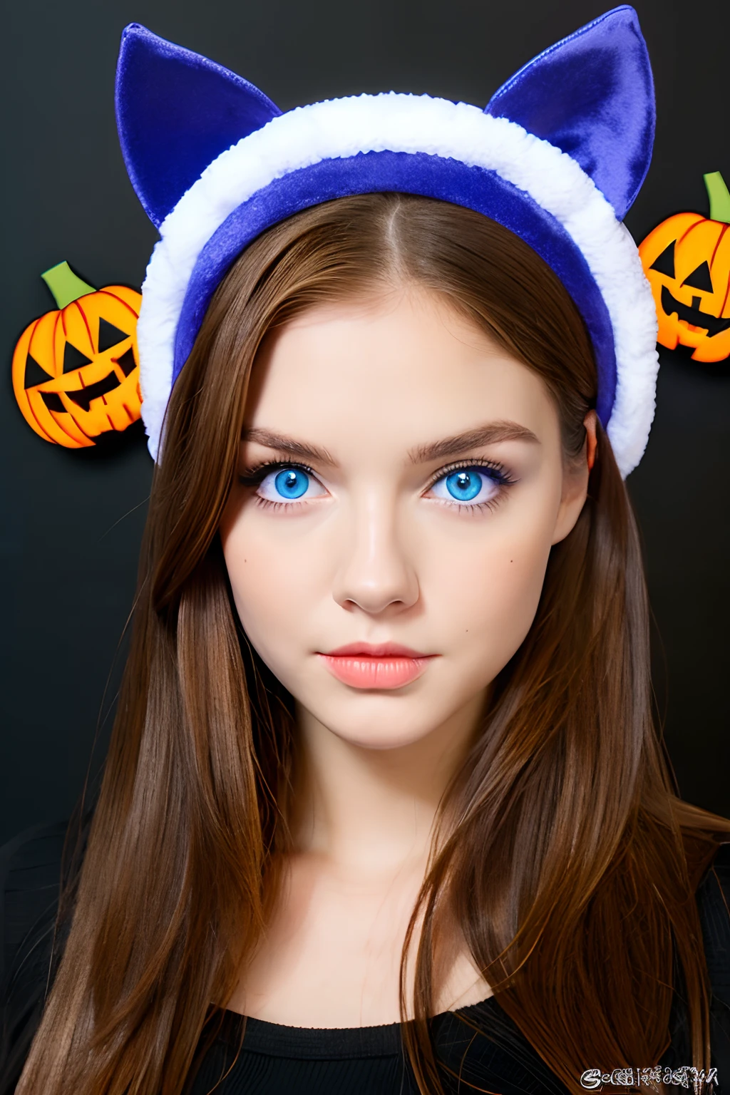 Face Barbara Palvin、brown haired、Blue eyes、Pumpkin headgear、Halloween、Black background、fulＨＤ、