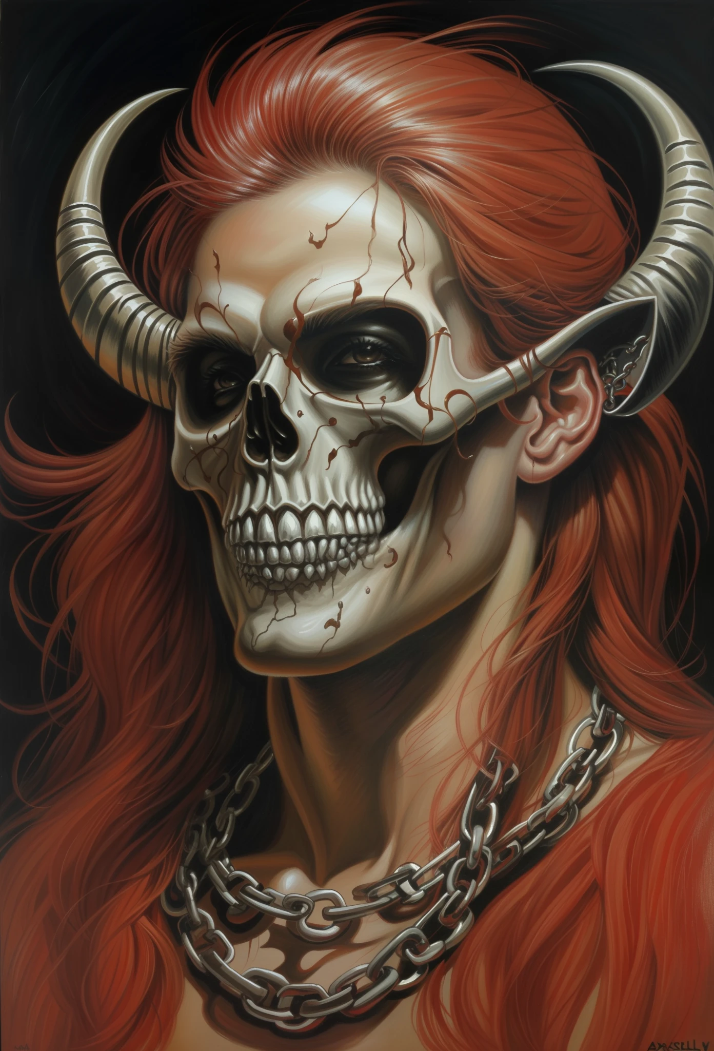 Painting of a skull with horns and a chain around its neck, inspirado por Alex Horley, Boris Villejo, Directed by: Jason Edmiston, inspirado em Jason Edmiston, inspirado em Jeff Easley, pintura do retrato do esqueleto, inspirado em Alex Horley-Orlandelli, inspirado por Earl Norem, Mark Brooks detalhou, Portrait of a demon