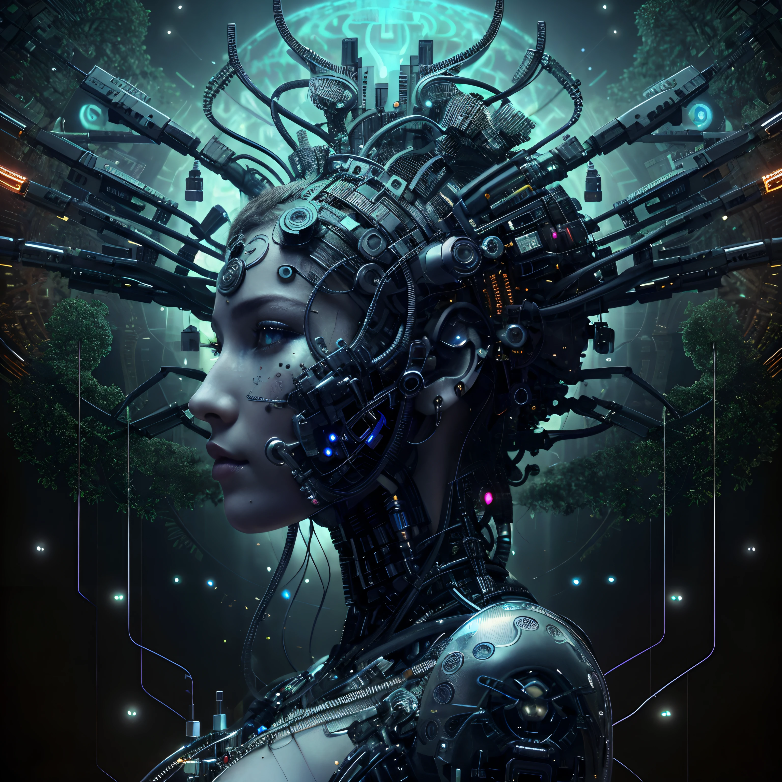 a close up of a woman with a head full of wires, biomechanical gaia, cyborg goddess in cosmos, intricate transhuman, portrait of a cyborg KING, 4k highly detailed digital art, beautiful cyborg priestess, cybernetic and highly detailed, advanced digital cyberpunk art, detailed portrait of a cyborg, 8 0's style tomasz alen kopera