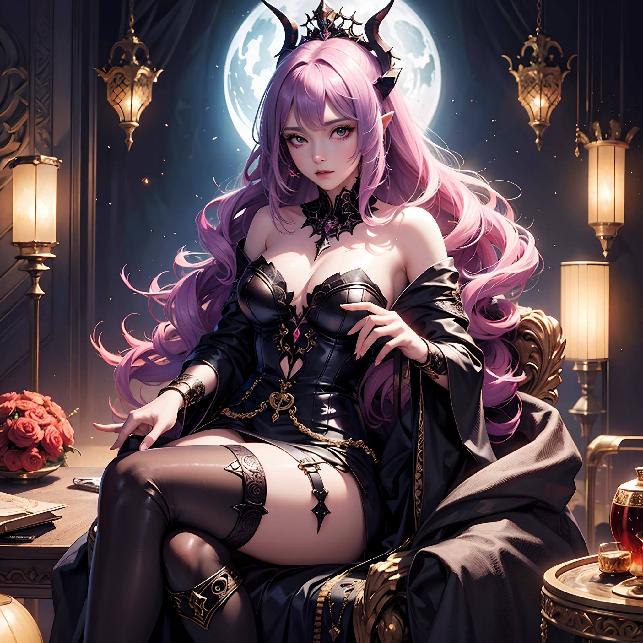 A closeup of a woman sitting on a throne with a demon on her shoulder, Succubus bonito | | | | |, succubus | medieval, Beautiful elegant demon queen, Rainha do Submundo, arte de estilo fantasia escura, succubus, Lilith, Epic fantasy art style, estilo de arte de fantasia, menina anime demon, Rainha do Inferno, anime fantasy illustration, arte de fantasia de anime, cabelo roxo, vestido branco e preto