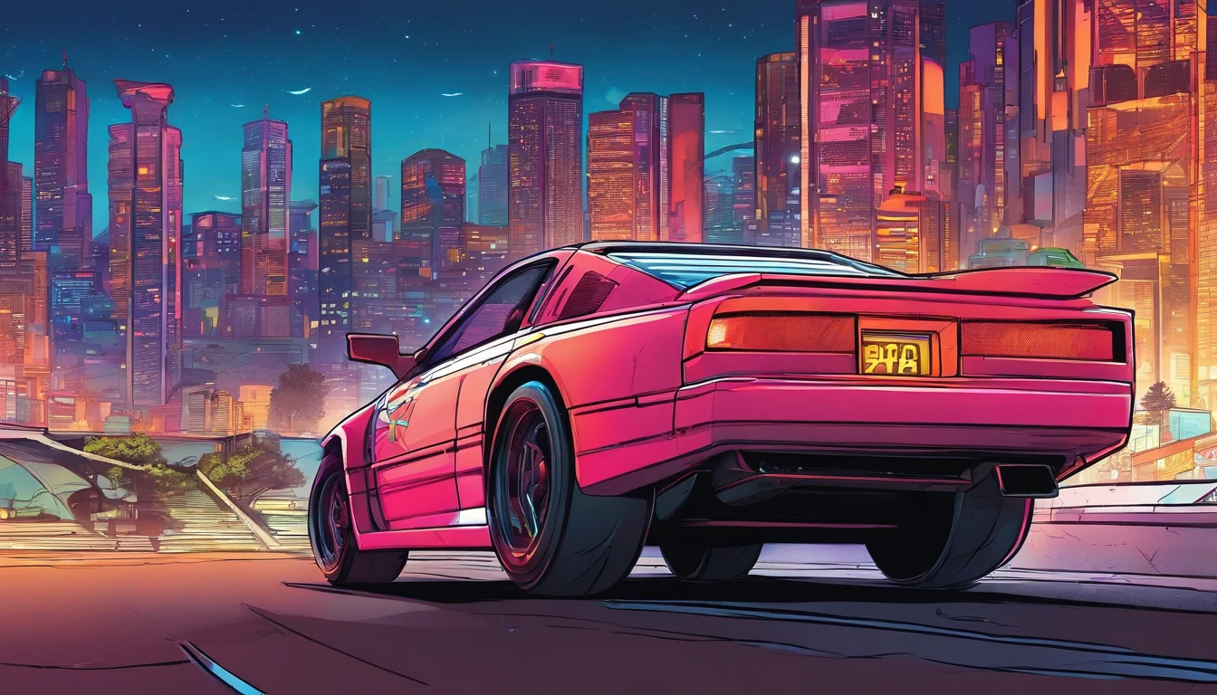 a futuristic 1990s japanese tuner car is racing down a tight mountain backroad at night, drifting and creating a lot smoke behind it. The car is blue, and it's design is reminiscent of a Nissan 300ZX, but with futuristic, somewhat cyberpunk design elements. In the background are neon lights illuminating the night sky and surrounding trees. A bright, futuristic neon lit city can be seen in the distance.