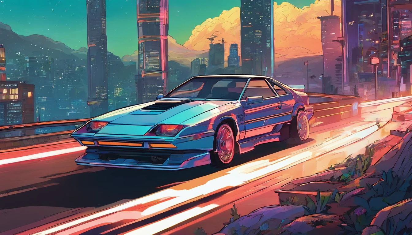 a futuristic 1990s japanese tuner car is racing down a tight mountain backroad at night, drifting and creating a lot smoke behind it. The car is blue, and it's design is reminiscent of a Nissan 300ZX, but with futuristic, somewhat cyberpunk design elements. In the background are neon lights illuminating the night sky and surrounding trees. A bright, futuristic neon lit city can be seen in the distance.