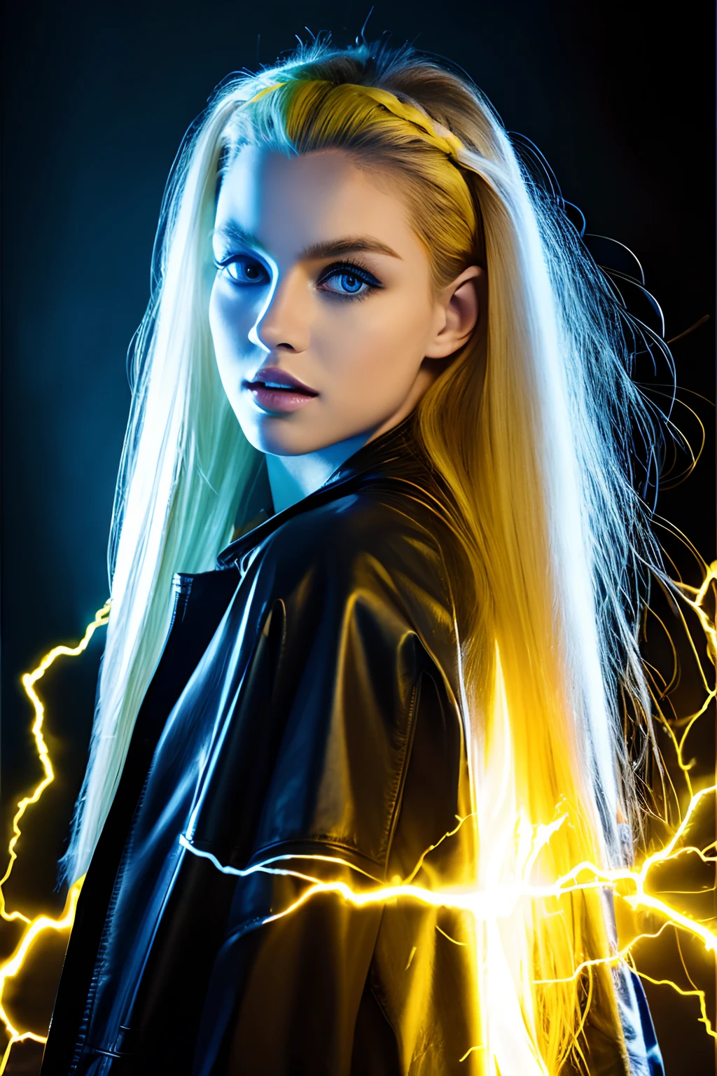 Face Barbara Palvin、Yellow hair、Blue eyes、Longhaire、jaket、Yellow electricity、Discharge from the body、Black background、fulHD、