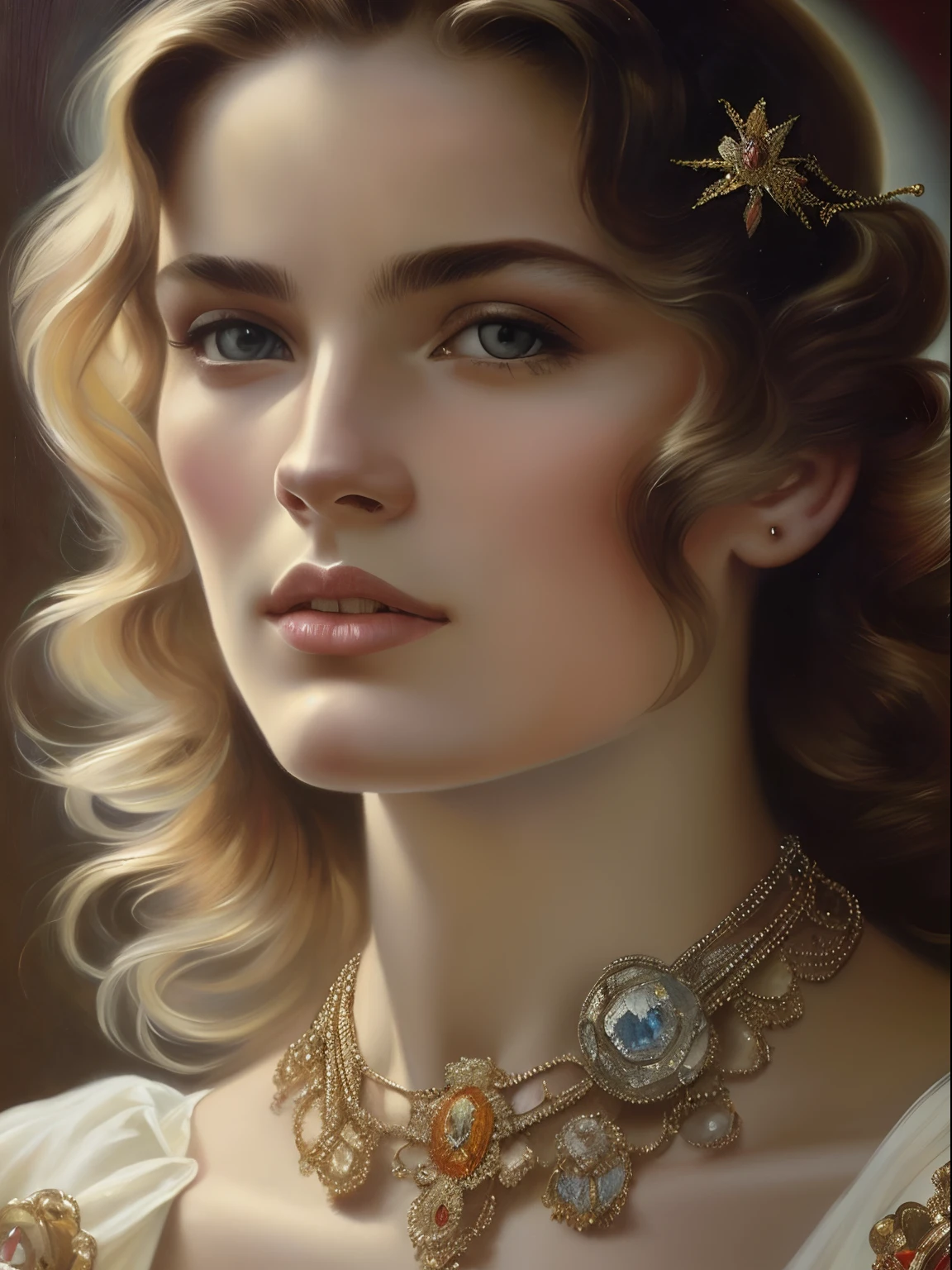 (Masterpiece) portrait of a heavenly beautiful Hugo Boss model in 1940s, beautiful painting with highly detailed face by Alphonse Mucha, Craig Mullins, Greg Rutkowski, magali villanueve, (the most beautiful portrait in the world:1.5), in the style of shiny rhinestone crystals.