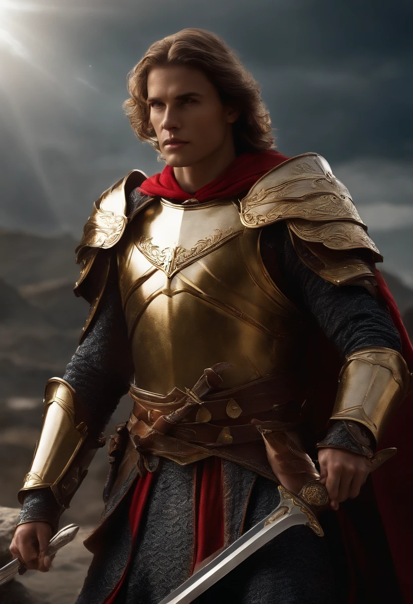 (best quality,4k,highres,masterpiece:1.2),warrior of light,fierce battle scene,heavy armor,shining golden sword,sparkling magic spells,glowing eyes,dramatic lighting,beautifully detailed armor,majestic cape,epic proportions,strong and confident stance,mystical aura,heroic expression,hopeful and determined,grandiose landscape,medieval fantasy setting,unstoppable power,harmonious color palette,ethereal atmosphere,magical glow,artistic illustration style,vivid colors,swordfight training session,conquering darkness,hero's journey,detailed facial features,heroic destiny,inspiring