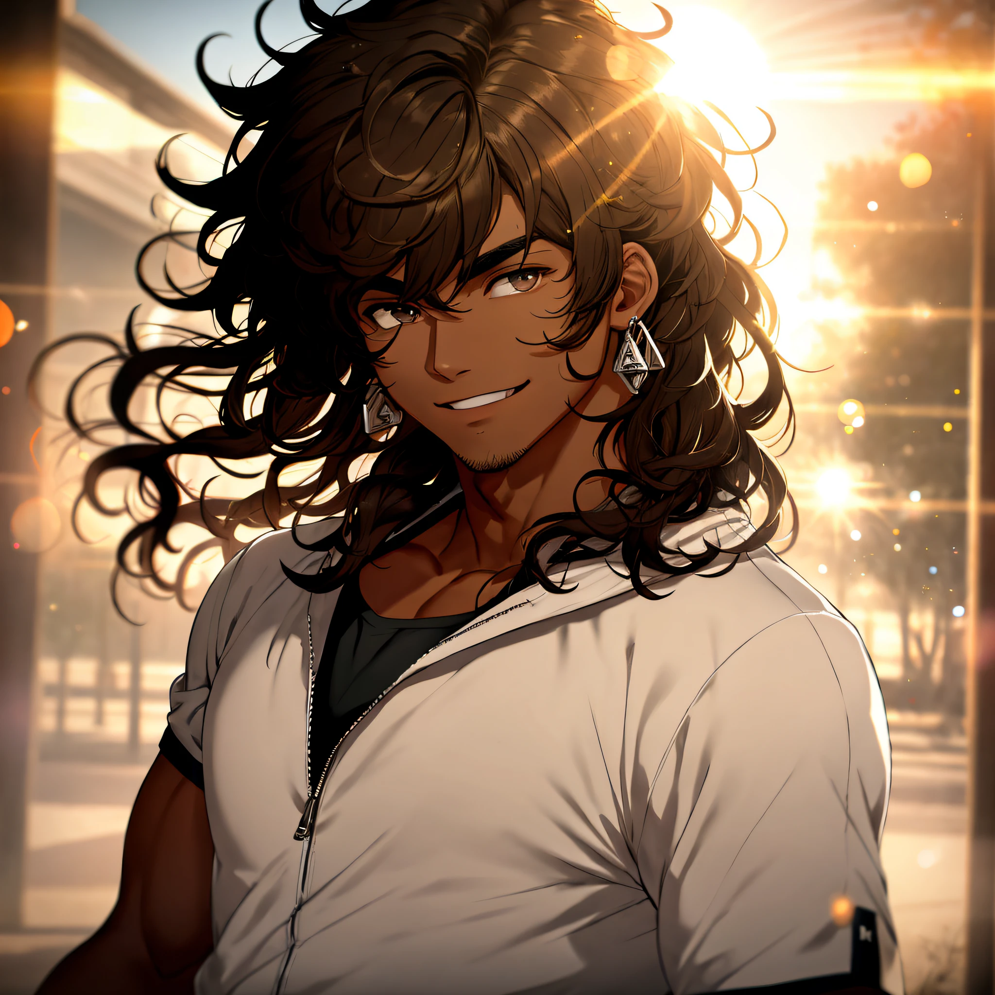 Um macho, gym clothes, regata, Muscle, Brincos, parte superior do corpo, Sorriso leve, pele escura, olhos castanhos, cabelos pretos, cabelos longos, cabelos cacheados, sobrancelhas grossas, Handsome, muito bonito, adulto jovem, brilho do sol, Bokeh, profundidade de campo, blurry background, light particles, vento forte, retrato,