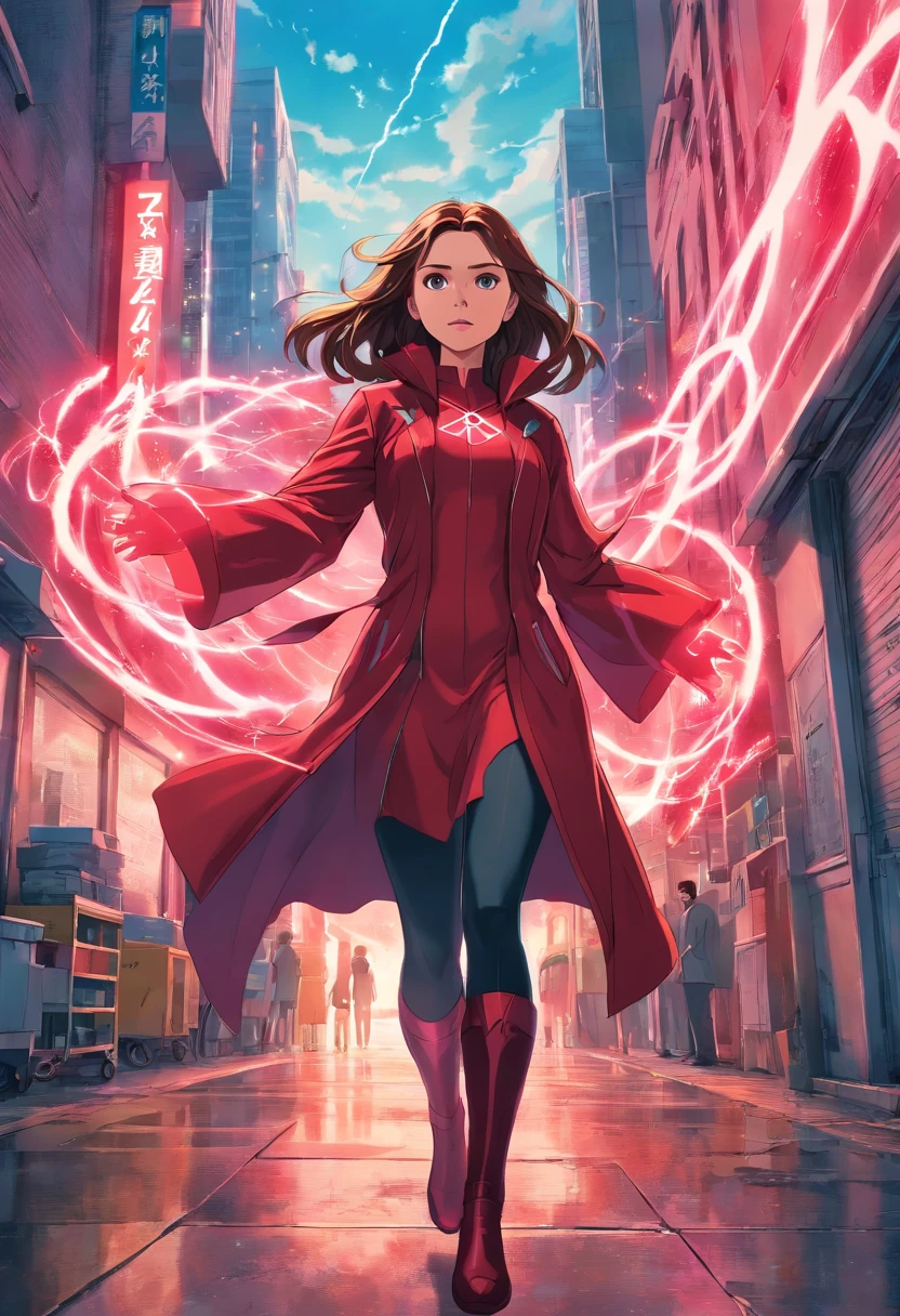 Elizabeth Olsen is the wonder of the Scarlet Witch ,culturiste, super fort, musculaire, ABS, Hell in the background in the chaos, Objectif 35mm, photographie, ultra details, Hdr, UHD,8k