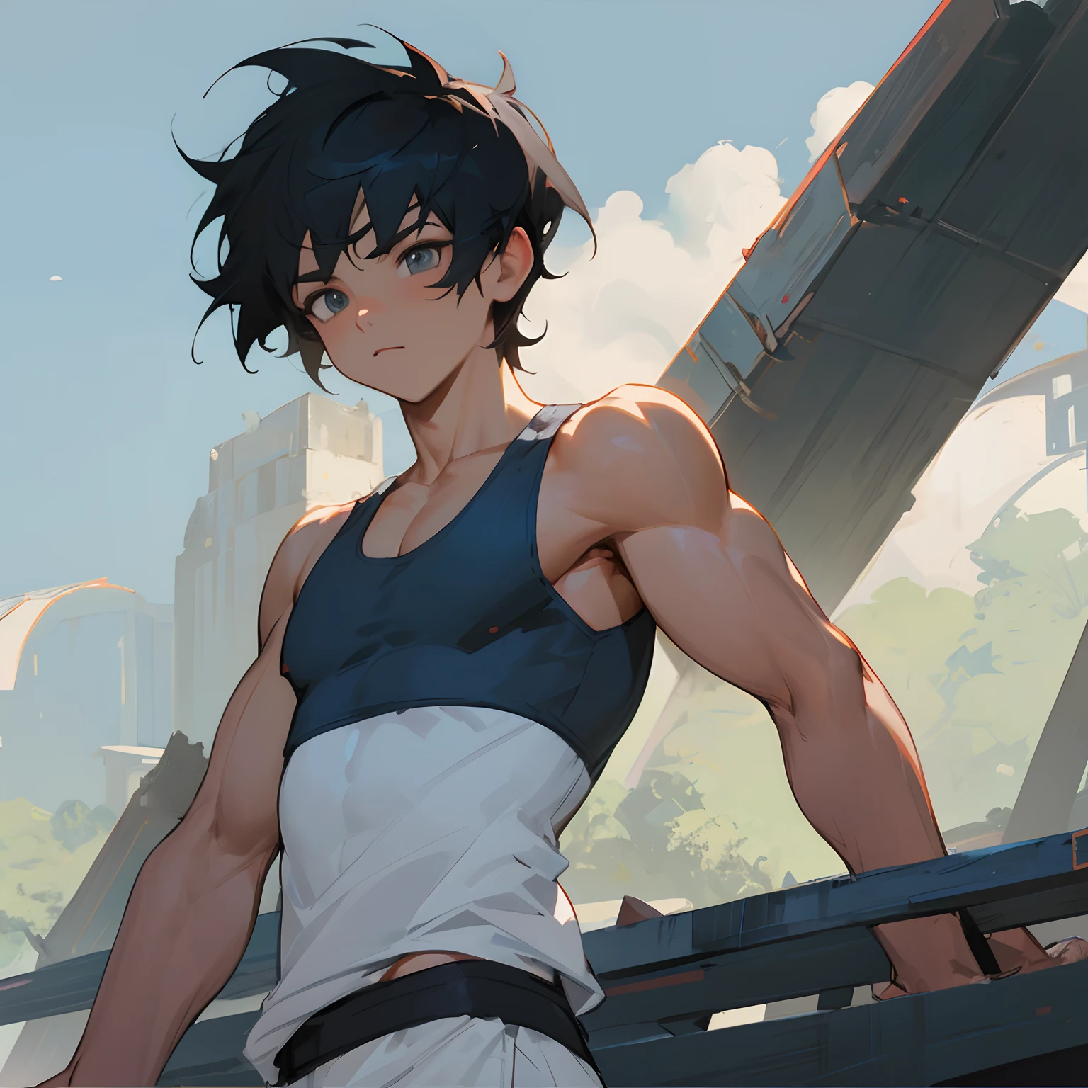 Blueish black wild hair , white tank top , muscular build , young , 1male , village background ,