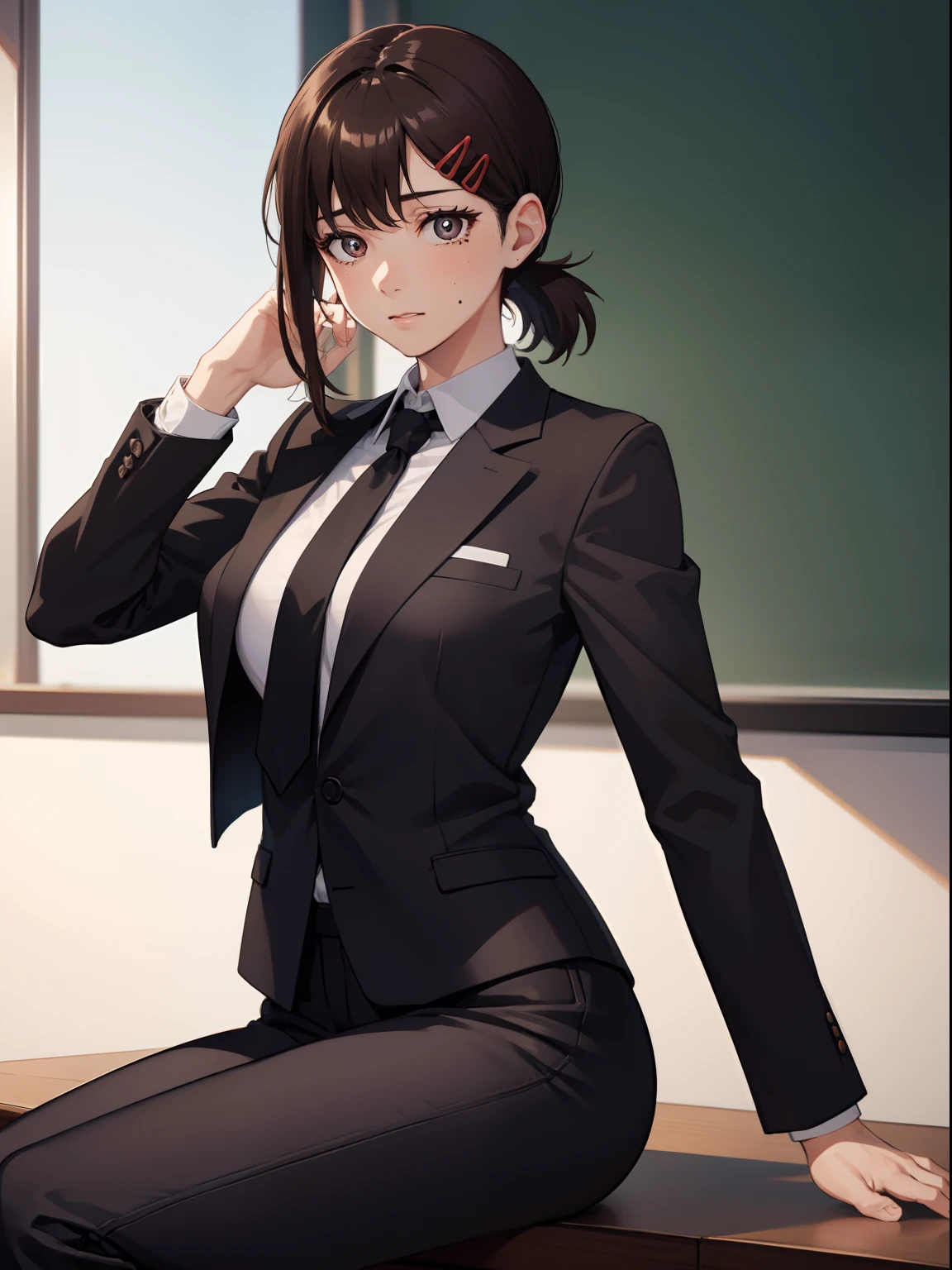 kobenihigashiyama, kobeni higashiyama, black hair, hair ornament, hairclip, mole, mole under eye, ponytail, short hair, (brown eyes:1.5), BREAK black necktie, black pants, business suit, black blazer, formal, long sleeves, necktie, pants, suit, BREAK looking at viewer, BREAK indoors, classroom, sitting on table legs spread, medium breast, medium boobs, shot from ass, ass shot, ass focus, medium ass cowboy shot BREAK (masterpiece:1.2), best quality, high resolution, unity 8k wallpaper, (illustration:0.8), (beautiful detailed eyes:1.6), extremely detailed face, perfect lighting, extremely detailed CG, (perfect hands, perfect anatomy),