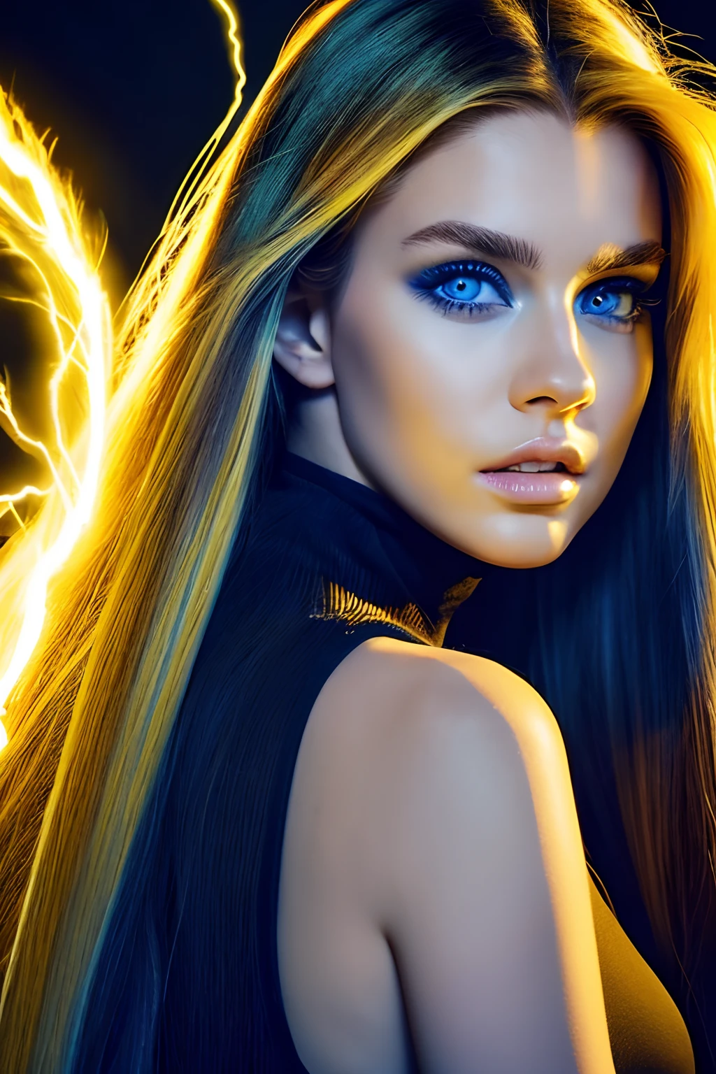 Face Barbara Palvin、Yellow hair、Blue eyes、Longhaire、Electricity from the palm of your hand、Black background、fulＨＤ、