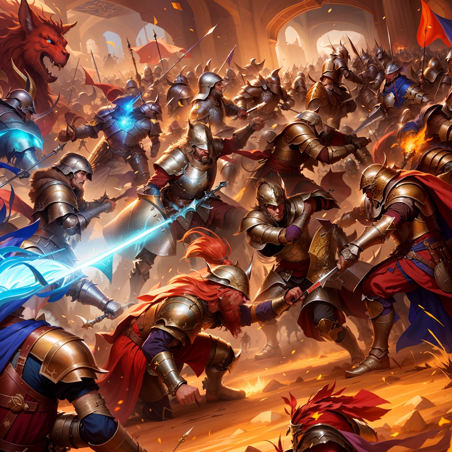 There are a lot of men in armor fighting against each other, Epic battle scene, Heroic battle scene, Epic battle scene, Award - Award-winning epic painting, Membres de la tribu attaquant, Epic Fantasty art du jeu de cartes, Art du jeu de cartes Epic Fantasy, Fantastic medieval battle, Epic fantasy battle, Illustration of epic fantasy, Medieval fantasy game art, Epic Fantasy Game Art, symmetrical epic fantasy art