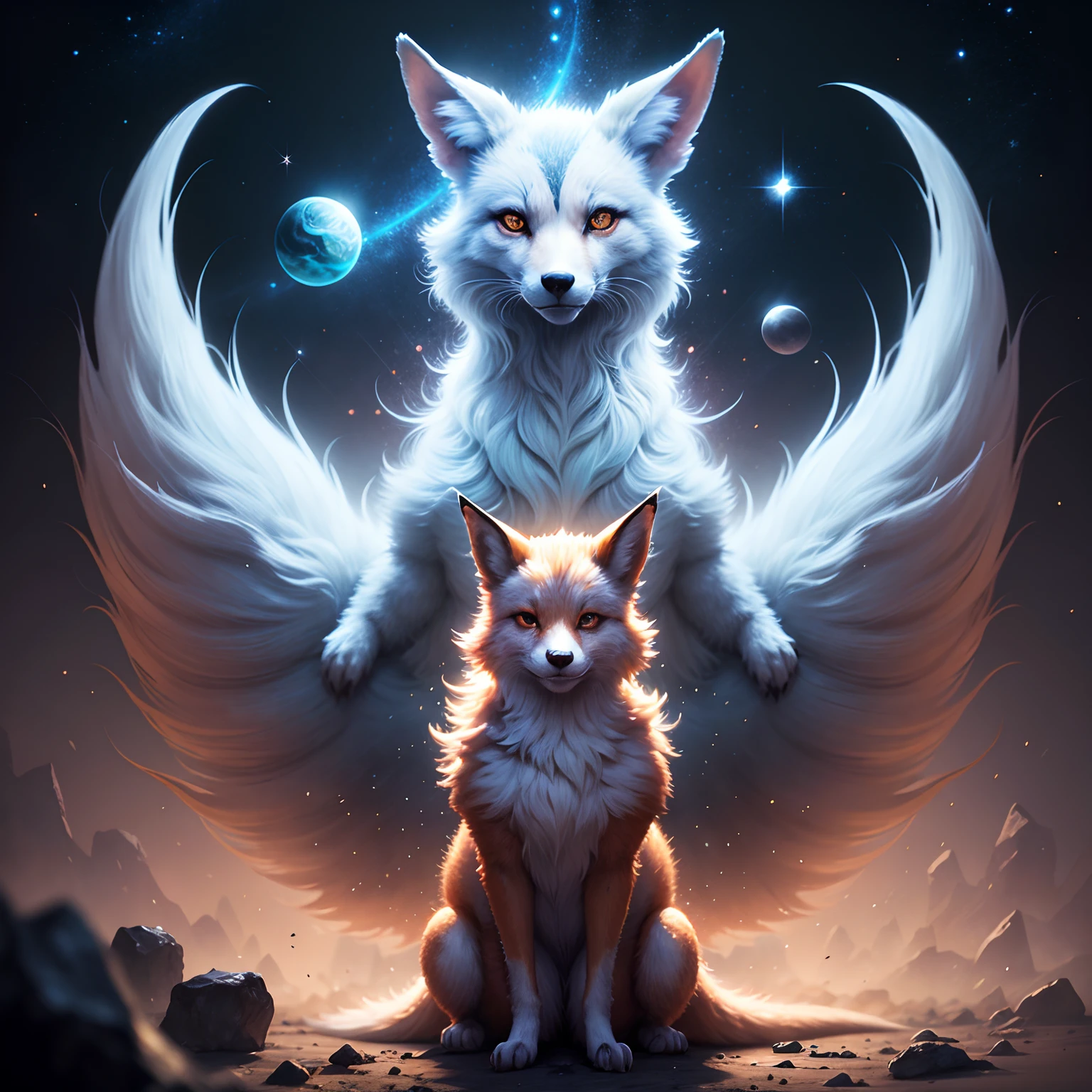 The concept intertwines the silhouette of a person with rotating galaxies and stardust,Reminiscent of the cosmic works of Alex Gray,Pintura de uma raposa com cabelos brancos sentada em um galho,ethereal fox,Raposa de nove caudas,Three-tailed fox,arte detalhada onmyoji,nove caudas,a beautiful artwork illustration,mytical creature,A Raposa,bela arte digital,exquisite digital illustration,Mizutsune , Inspired by the mythical creature Wildnet,Arte digital no Pixiv,strong lighting,alto contraste,tema de filme de terror,atmosfera escura