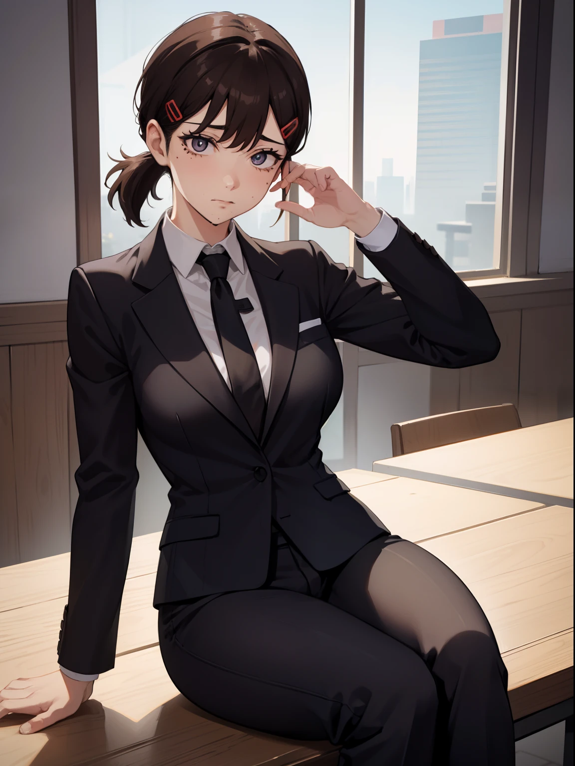 kobenihigashiyama, kobeni higashiyama, black hair, hair ornament, hairclip, mole, mole under eye, ponytail, short hair, (brown eyes:1.5), BREAK black necktie, black pants, business suit, black blazer, formal, long sleeves, necktie, pants, suit, BREAK looking at viewer, BREAK indoors, classroom, sitting on table legs spread, medium breast, medium boobs, shot from ass, ass shot, ass focus, medium ass cowboy shot BREAK (masterpiece:1.2), best quality, high resolution, unity 8k wallpaper, (illustration:0.8), (beautiful detailed eyes:1.6), extremely detailed face, perfect lighting, extremely detailed CG, (perfect hands, perfect anatomy),