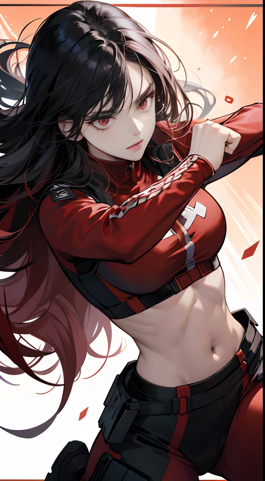 (Best Quality,4K,High resolution), girl with, Red mesh hair on black hair, Long straight hair, sharp eye，glares、Red Eyes、eye liner、Girl in a hero suit with a fist，Delicately expresses realistic muscle texture down to the smallest detail、comic strip，animesque、karate、Battle Pose，Depiction like a scene from a battle manga、