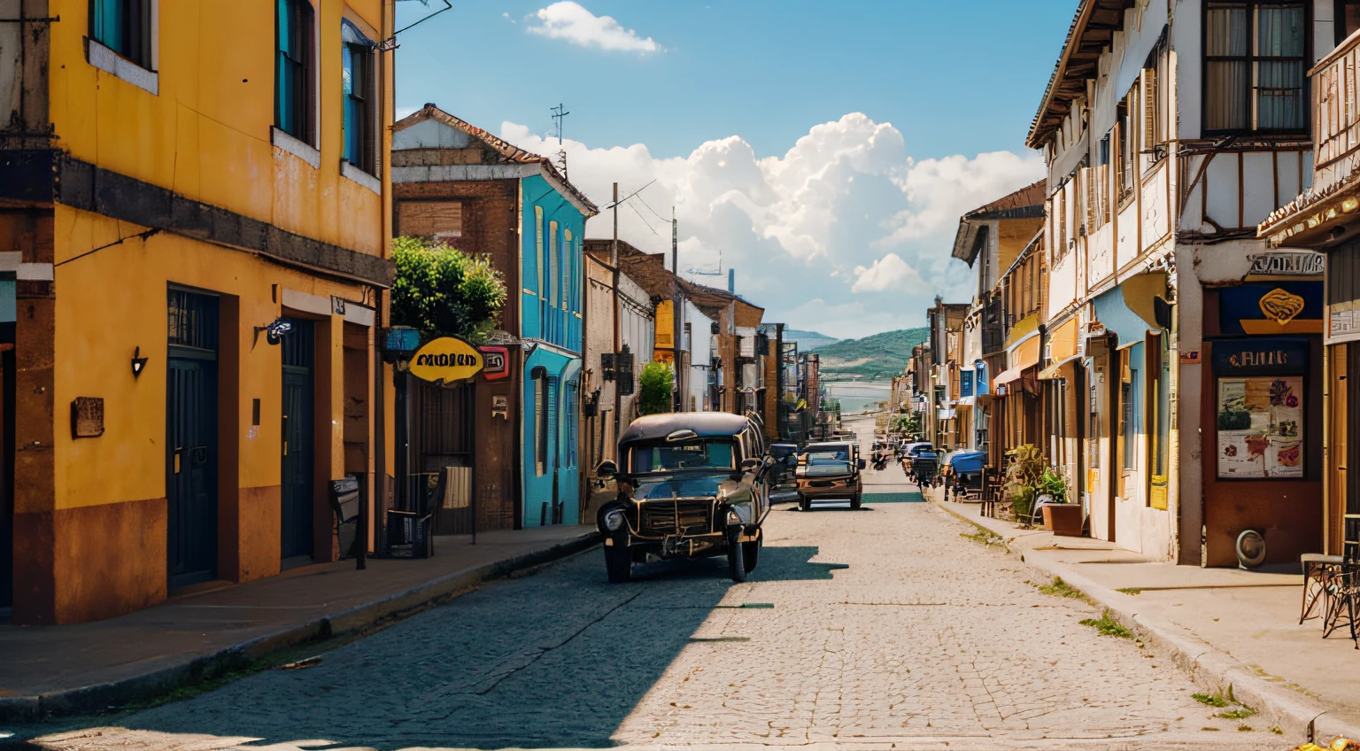 A small town near the dock in the 70s, with a port and one old ship docked nearby. The town is situated in Brazil, specifically in Amazonas. The streets are filled with old cars, adding a vintage touch to the scenery. The town is bustling with activity, with small city people going about their day. It's a sunny and hot day, with the sun casting warm rays on the colorful buildings and vibrant streets. The atmosphere is lively and busy, with people going about their daily routines. The port and the ship add a sense of adventure and exploration to the scene, evoking the spirit of travel and discovery. The colors and lighting in the image are vivid and energetic, capturing the vibrant essence of the small town. The overall quality of the image is of the highest standard, with ultra-detailed elements and realistic textures. It portrays a masterpiece of art, resembling a sharp, focused photograph taken in high resolution. The art style is influenced by the portraits and landscapes of the 70s, creating a nostalgic and captivating visual experience. The color palette leans towards warm tones, enhancing the sunny atmosphere of the small town. The lighting is natural, with the sun serving as the primary source, casting shadows and highlights that bring depth to the scene.