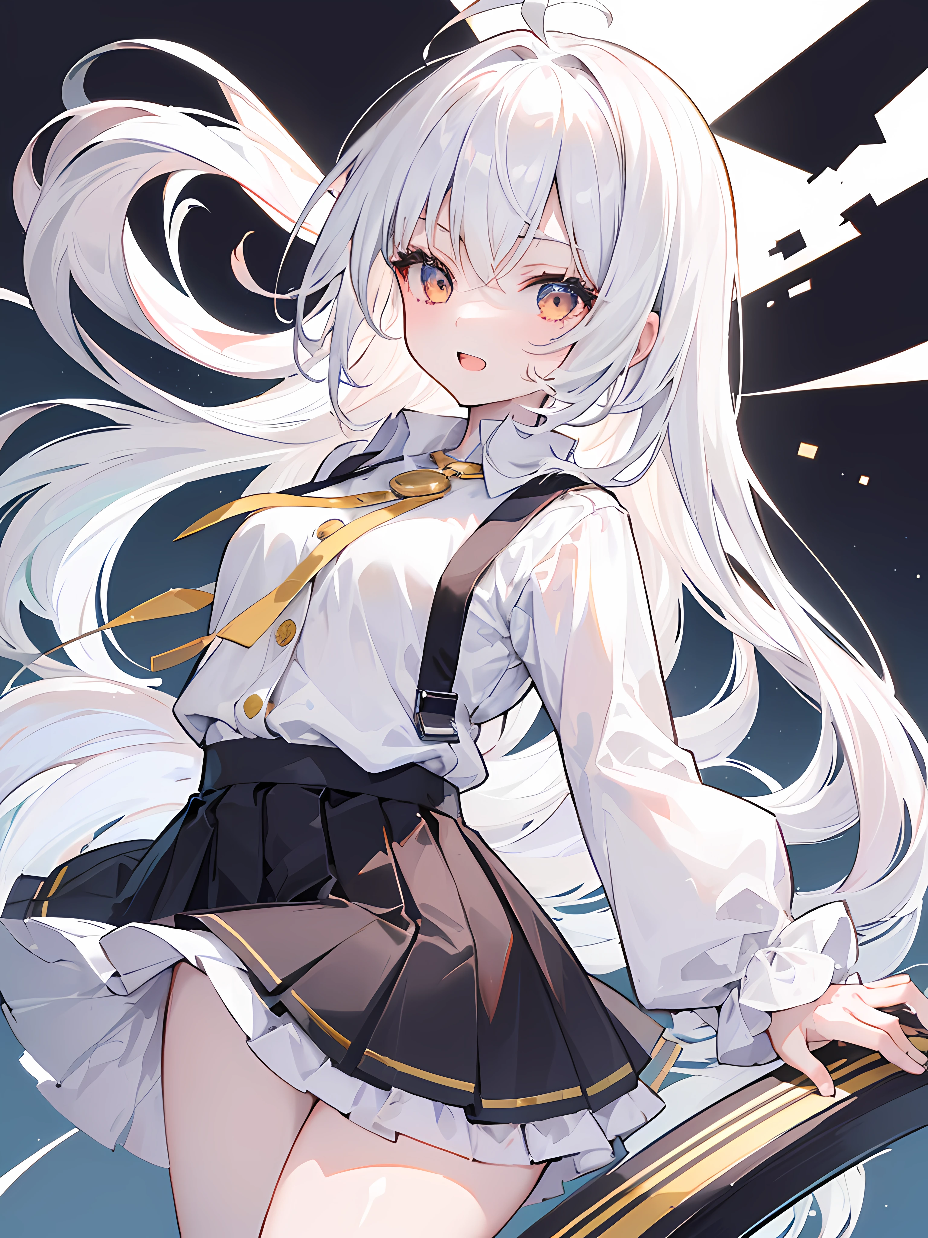 ((masterpiece, best quality)), (1girl), (solo), (female focus), (ahoge, white hair, very long hair), gold eyes, light smile, open mouth, ((white shirt), (buttoned shirt), (button gap)), ((black skirt), (short skirt)), standing, white background, arms behind back, dynamic angle,