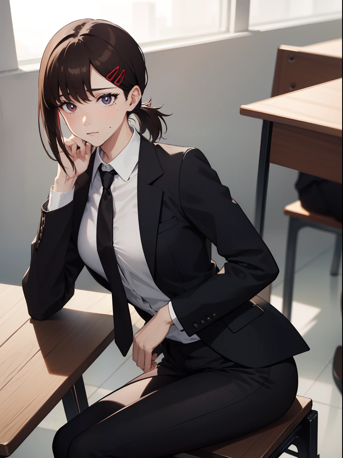 kobenihigashiyama, kobeni higashiyama, black hair, hair ornament, hairclip, mole, mole under eye, ponytail, short hair, (brown eyes:1.5), BREAK black necktie, black pants, business suit, black blazer, formal, long sleeves, necktie, pants, suit, BREAK looking at viewer, BREAK indoors, classroom, sitting on table legs spread, medium breast, medium boobs, shot from ass, ass shot, ass focus, medium ass cowboy shot BREAK (masterpiece:1.2), best quality, high resolution, unity 8k wallpaper, (illustration:0.8), (beautiful detailed eyes:1.6), extremely detailed face, perfect lighting, extremely detailed CG, (perfect hands, perfect anatomy),