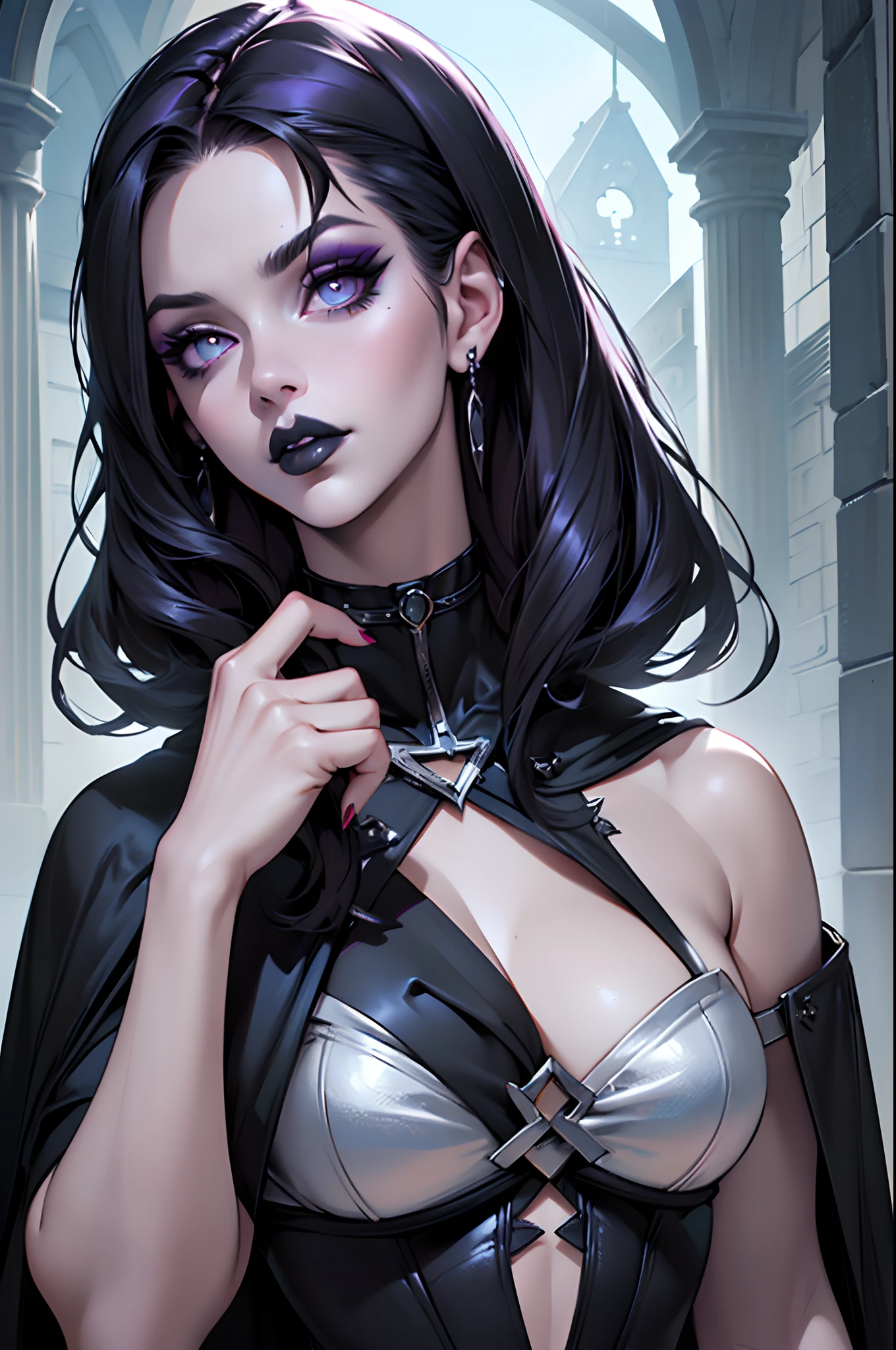 (Best Quality, 8k, 32k, Masterpiece, UHD:1.3), (Photo of Attractive Caucasian Gothic model Woman), 1 Girl, Raven from DC comics , DC comics, heavy makeup , cape, choker,very pale skin,Ultra Detailed Face, Detailed Lips, Fine Eyes, black lipstick, Fine Eyes, double eyelids