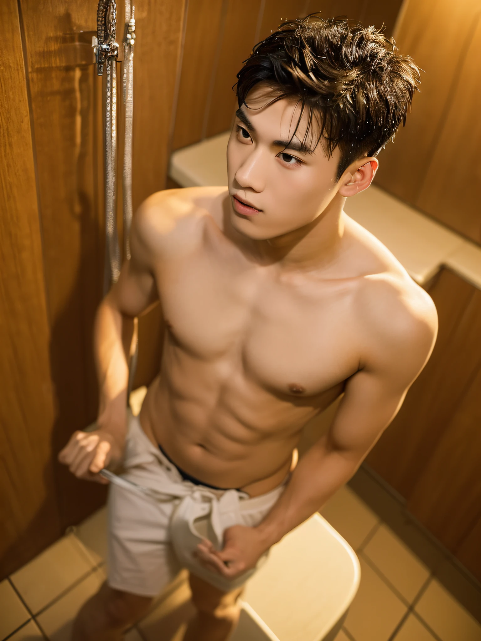 masterpiece, photorealistic, high quality, detailed faces, locker Room, 2 high school boys shower together, asian male, chinese, boy, 16-year-old, Slim Body, twink, model, Handsome, nude, penis, Sexy poses, intimate moment, soap suds, wet, explicit details, detailed anatomy, full body, standing poses, detailed background, shower scene,
