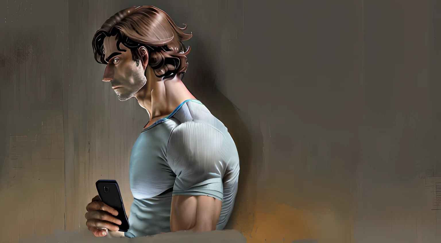 Sad man looking at mobile phone in his hand in profile