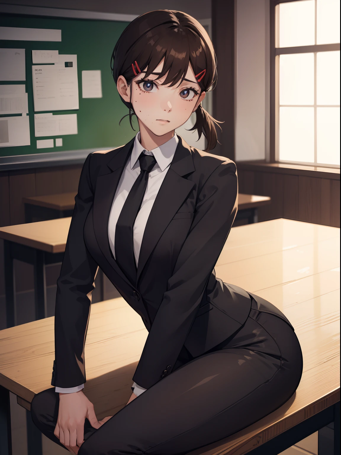 kobenihigashiyama, kobeni higashiyama, black hair, hair ornament, hairclip, mole, mole under eye, ponytail, short hair, (brown eyes:1.5), BREAK black necktie, black pants, business suit, black blazer, formal, long sleeves, necktie, pants, suit, BREAK looking at viewer, BREAK indoors, classroom, sitting on table legs spread, medium breast, medium boobs, shot from ass, ass shot, ass focus, medium ass cowboy shot BREAK (masterpiece:1.2), best quality, high resolution, unity 8k wallpaper, (illustration:0.8), (beautiful detailed eyes:1.6), extremely detailed face, perfect lighting, extremely detailed CG, (perfect hands, perfect anatomy),
