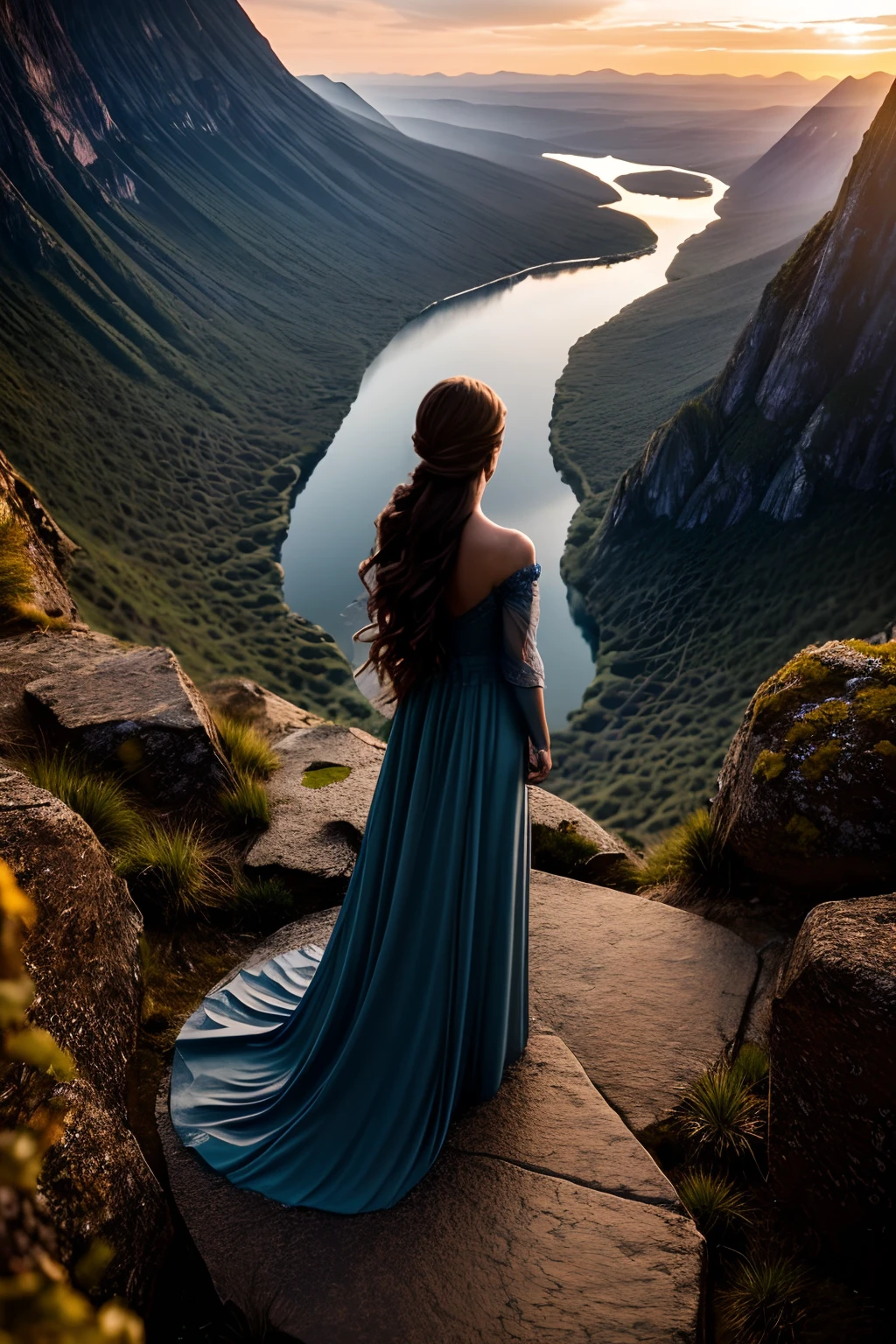 Taken from the back, highly detailed silhouette portrait of a woman, flowing hair, stood alone on the edge of a mountain, watching the sunset, mystical magical fantasy enchanted ethereal, cinematic shot, cinematic scene, stunning, breathtaking, a sense of magic in the air, magical fantasy, diffused lighting