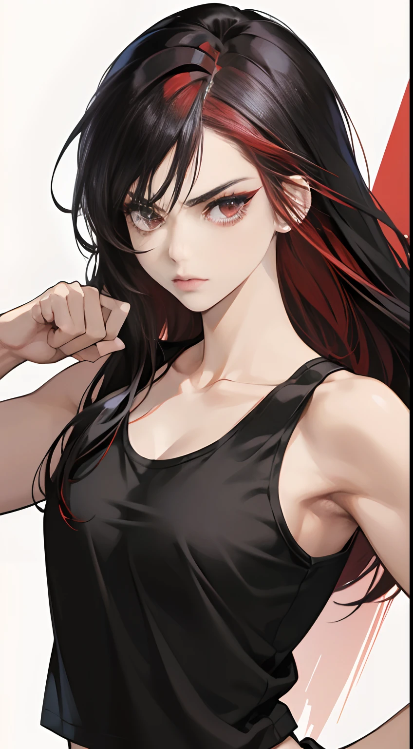 (Best Quality,4K,High resolution), girl with, Red mesh hair on black hair, Long straight hair, sharp eye，glares、Red Eyes、eye liner、Girl in black tank top holding fist，Delicately expresses realistic muscle texture down to the smallest detail、comic strip，animesque、karate、Battle Pose，Depiction like a scene from a battle manga、